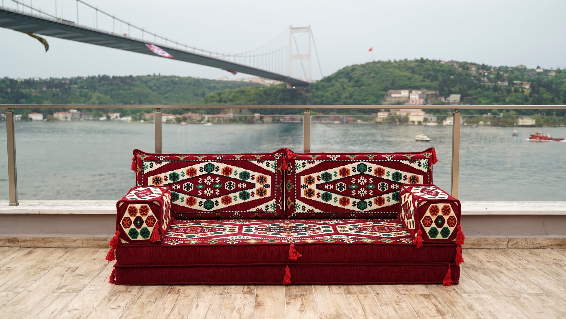 Maroon Arabic Sofa Set - 8'' Thick Floor Cushions, Sectional Sofa Bed with Poufs | Turkish Majlis Seating for Living Room, Lounge & Reading Nook | Modern Futon & Floor Sofa Combo