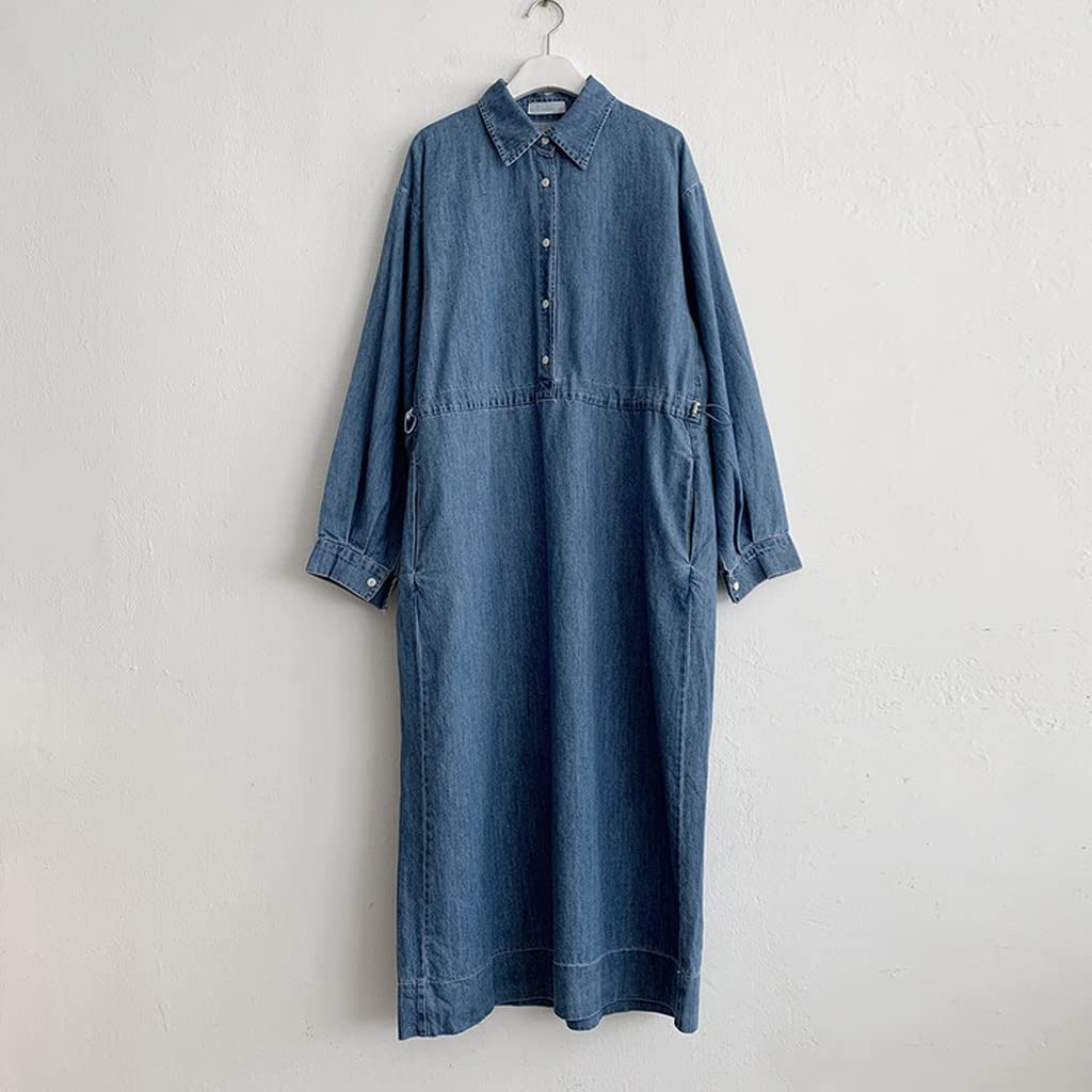 Vintage Denim Shirt Dress for Women - Loose Fit Washed Blue Puff Sleeve Lace-Up Casual Dress (One Size) | Perfect for Spring Outfits, Weekend Brunch & Boho Fashion Looks