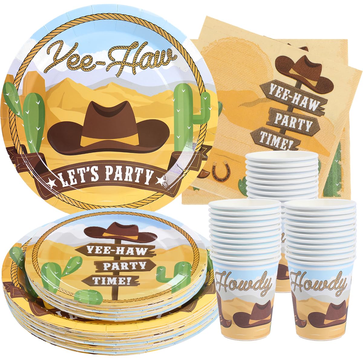 Western Birthday Party Supplies Set for 24 Guests - Cowboy & Cowgirl Themed Dinner Plates, Dessert Plates, Cups & Napkins - Rodeo Decorations for Kids, Boys & Girls Birthday Parties - Perfect for Wild West, Cowboy & Western Theme Parties