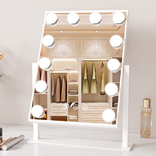 Hollywood Vanity Mirror with Lights - 12 Dimmable LED Bulbs & 3 Color Modes, Touch Control Makeup Mirror with Adjustable Brightness, Plug-in Desk Mirror for Makeup Application, Skincare, and Grooming (White)