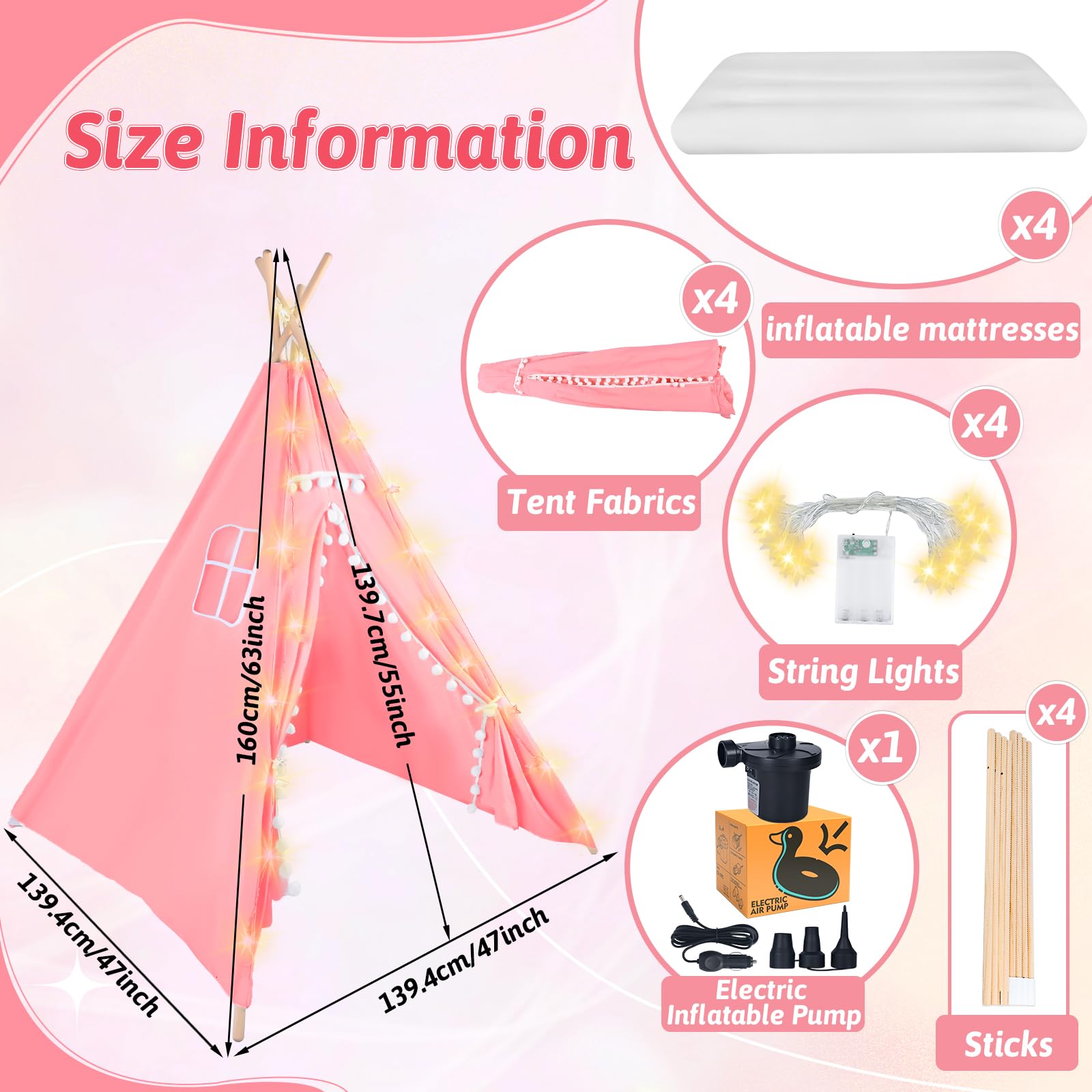 4-Pack Kids Teepee Tents with Inflatable Air Mattress & Fairy Lights - Washable Cotton Play Tent for Boys and Girls Sleepovers, Birthday Parties & Indoor Camping (Pink) - Perfect for Slumber Parties, Playrooms & Backyard Adventures