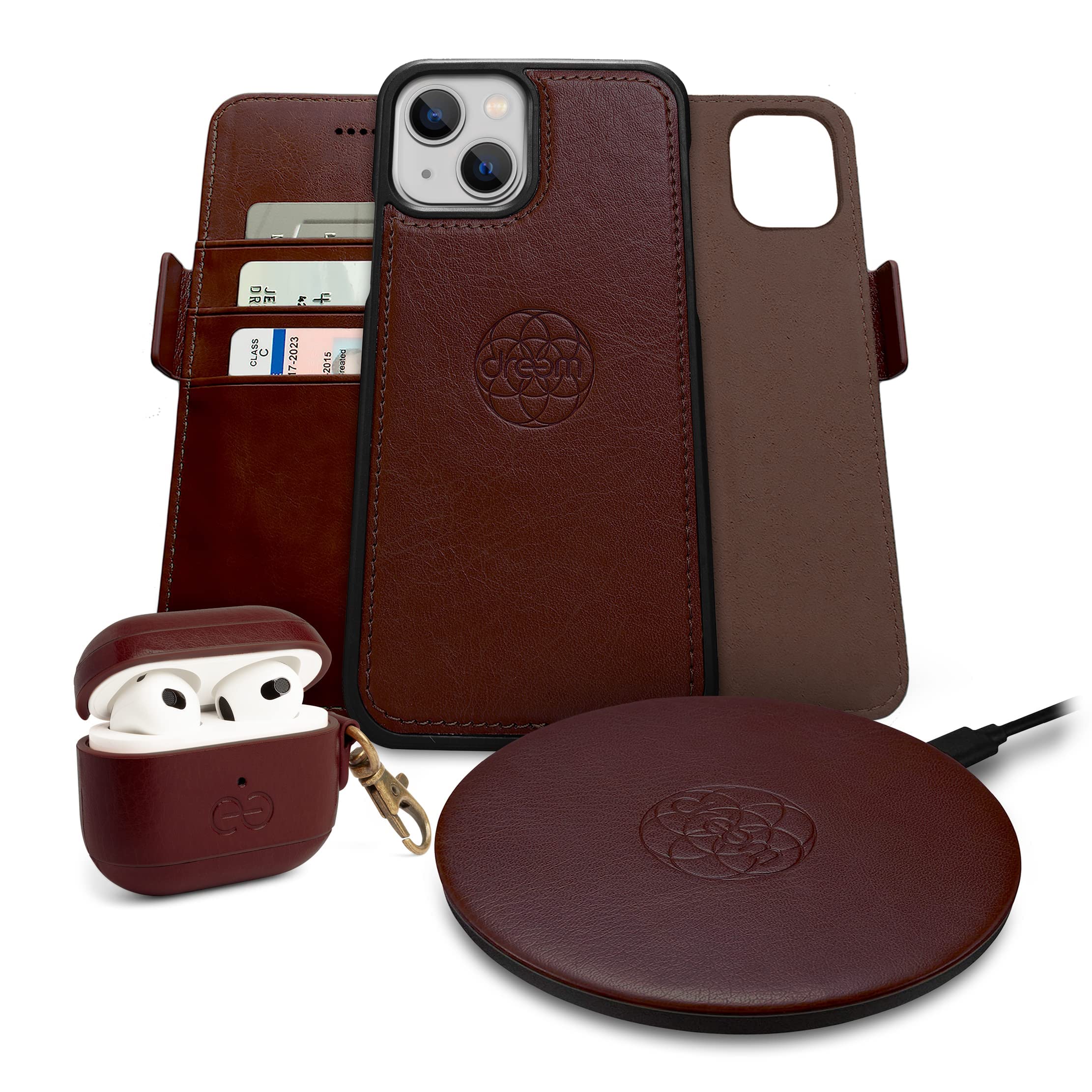 Fibonacci Wallet Case for iPhone 13 Mini with Om AirPods 3 Cover & Beam Wireless Charger - Coffee Brown Leather Combo | Perfect for Travel, Work & Daily Use
