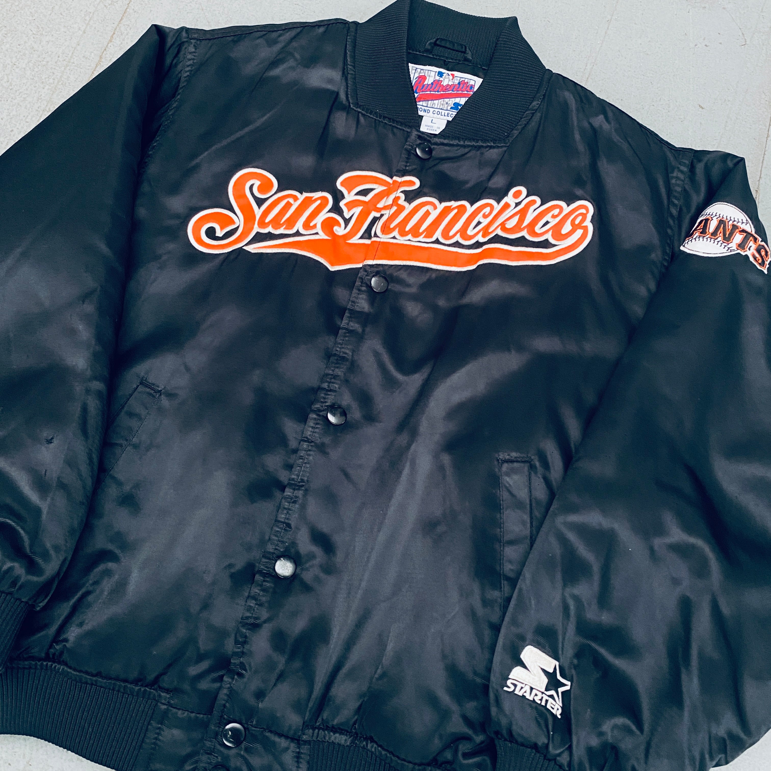San Francisco Giants 1990s Vintage Satin Stitched Script Starter Bomber Jacket - MLB Baseball Fan Apparel for Men & Women - Perfect for Game Day, Tailgating & Streetwear Fashion