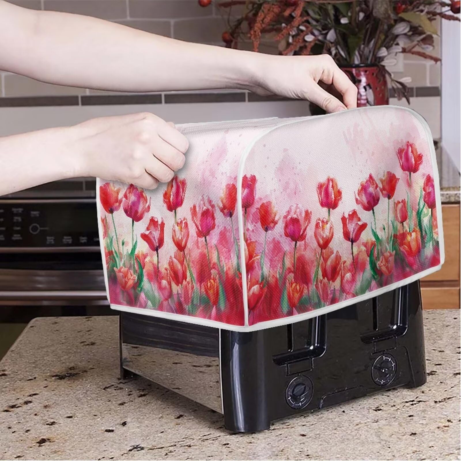 Flowers 2-Slice Toaster Cover - Waterproof Bread Maker Oven Dust Cover - Anti-Scratch Kitchen Accessory Decor for Countertop Protection & Style