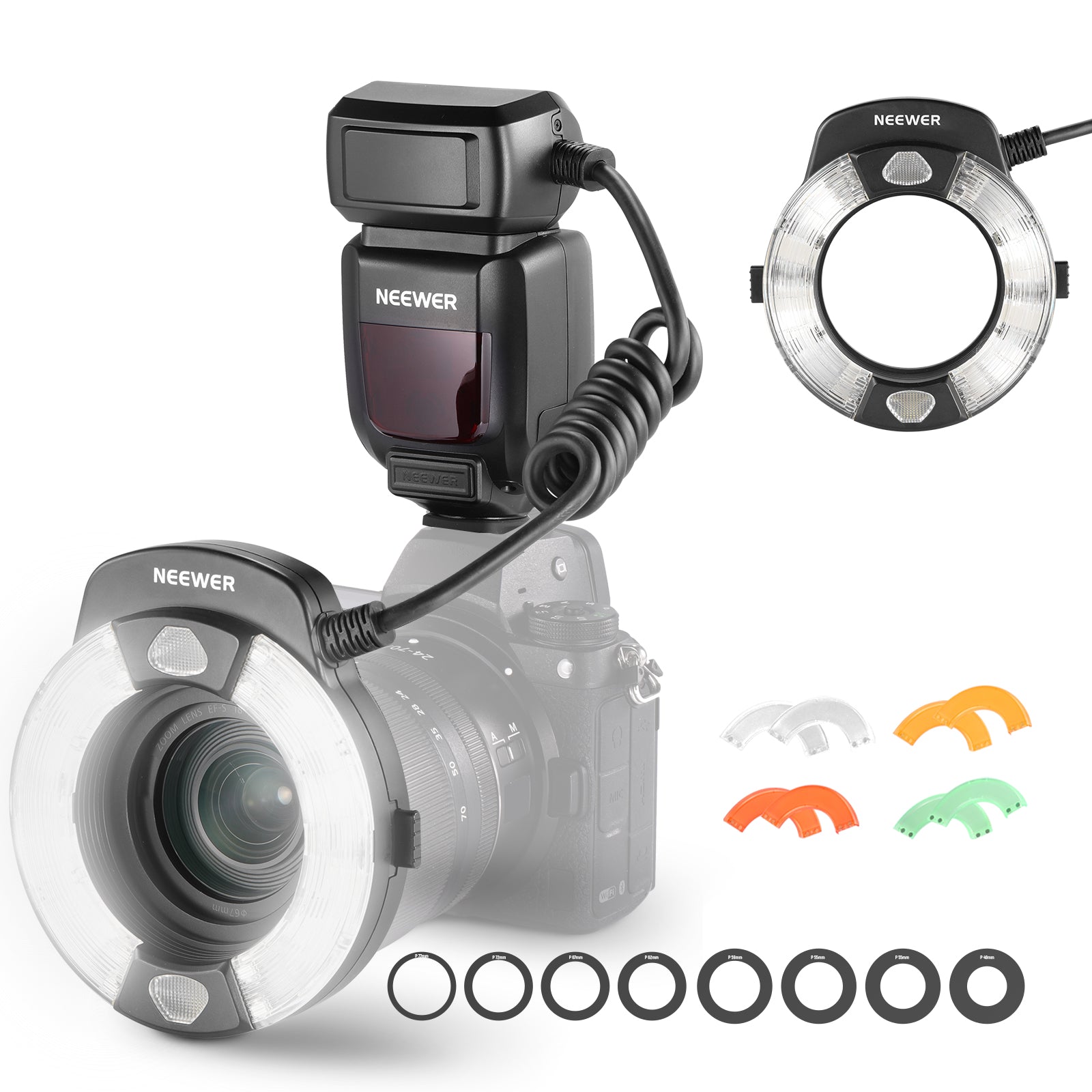 NEEWER RF1 76Ws 5600K GN15 TTL Macro Ring Flash for Canon Nikon Sony DSLR Cameras - Perfect for Close-Up Photography, Jewelry, and Product Shots
