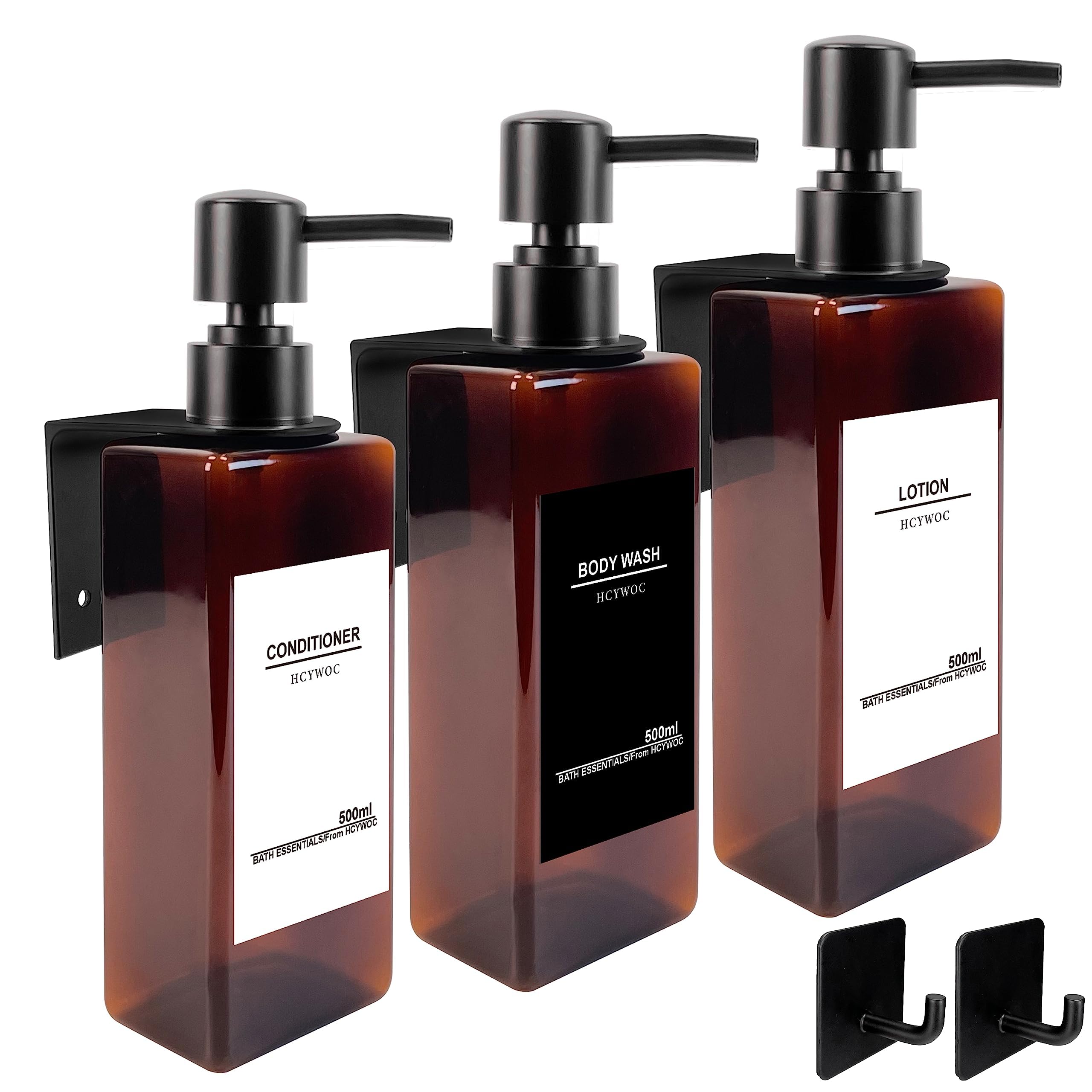 No Drill Shower Wall Mounted Shampoo & Conditioner Dispenser - 3 Chamber 17oz Black Amber, Waterproof Labels Included - Perfect for Bathroom, Gym, Spa & RV Use