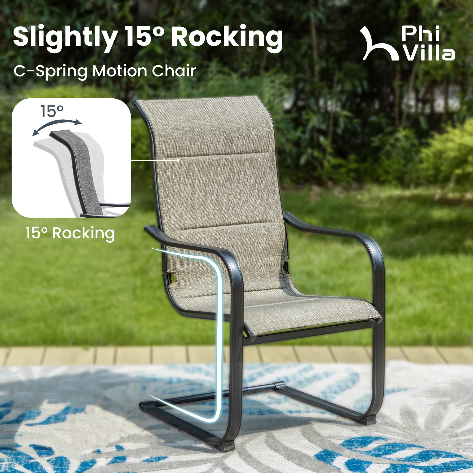 PHI VILLA 9-Piece Outdoor Patio Dining Set - Expandable Metal Table & 8 Cushioned Textilene Chairs with Gentle Rocking Motion - Durable Weather-Resistant Furniture for Backyard, Deck, Garden (Perfect for Outdoor Entertaining & Family Gatherings)