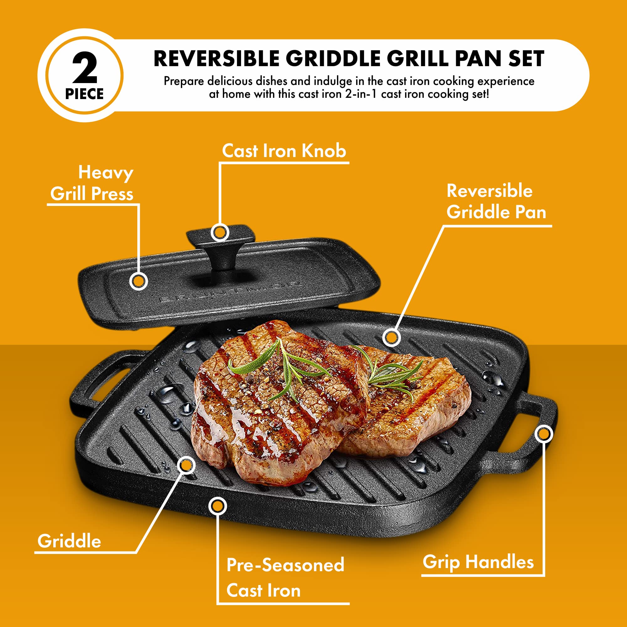 Bruntmor 2-in-1 Pre-Seasoned Square Cast Iron Reversible Grill & Griddle - Heavy Duty Cookware for Single Burner Stoves, Camping & Outdoor Cooking - Perfect for Pancakes, Steaks & BBQ at Home or Picnics