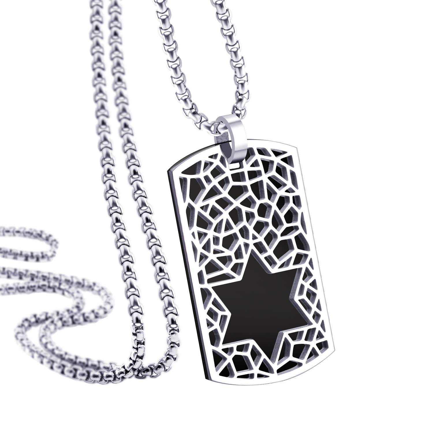 555 Jewelry Stainless Steel Star of David Pendant Dog Tag Necklace for Men & Women - 16-24 Inch Adjustable Box Chain - Religious Jewelry Gift for Hanukkah, Christmas & Everyday Wear