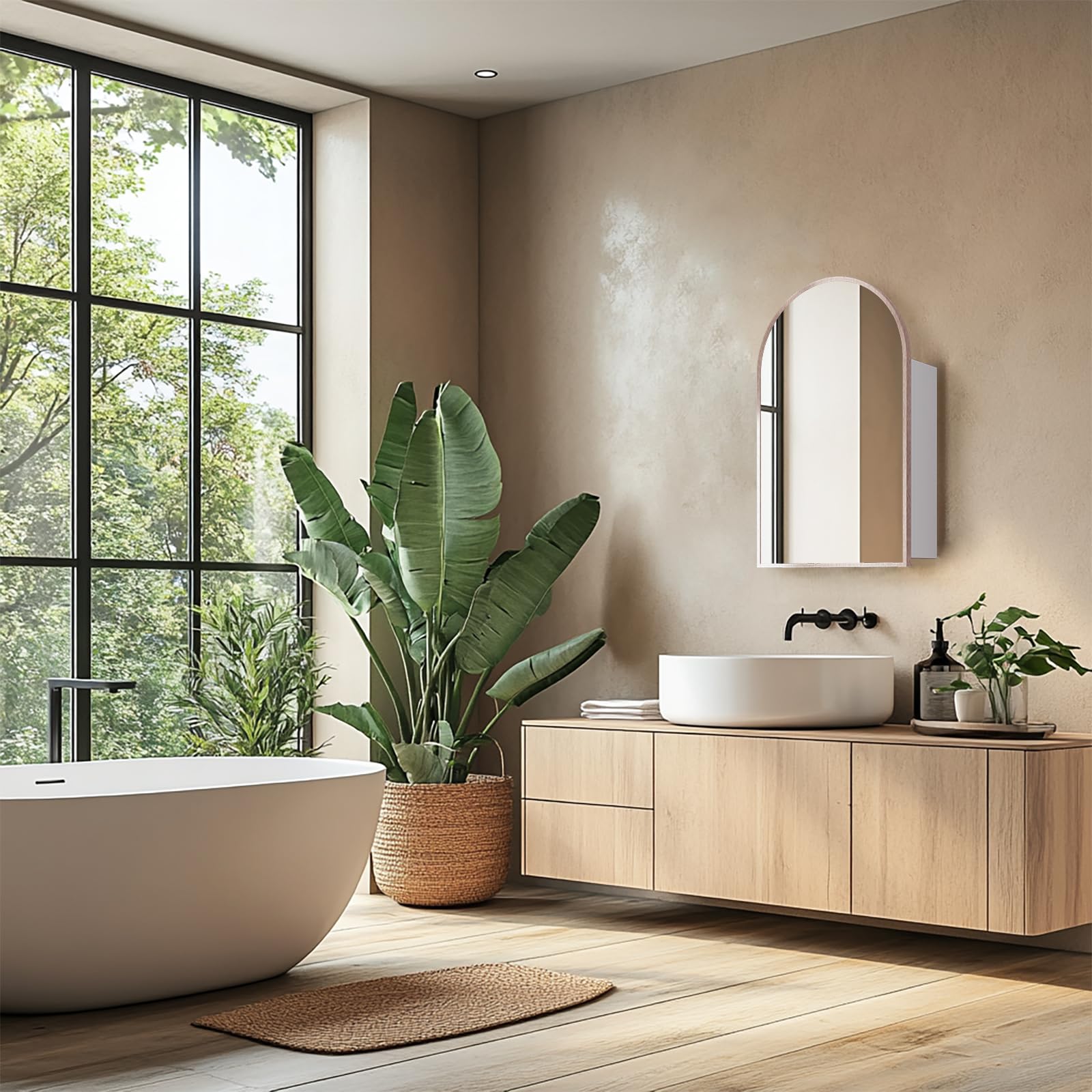 FKWin Arched Medicine Cabinet with Mirror - 16x26 Inch Rose Gold Aluminum Alloy Brushed Frame, Wall Mounted Bathroom Storage Mirror with 2 Adjustable Shelves, Surface Mount Vanity Mirror (Not Recessed) - Perfect for Small Bathrooms, Powder Rooms & Modern Home Decor