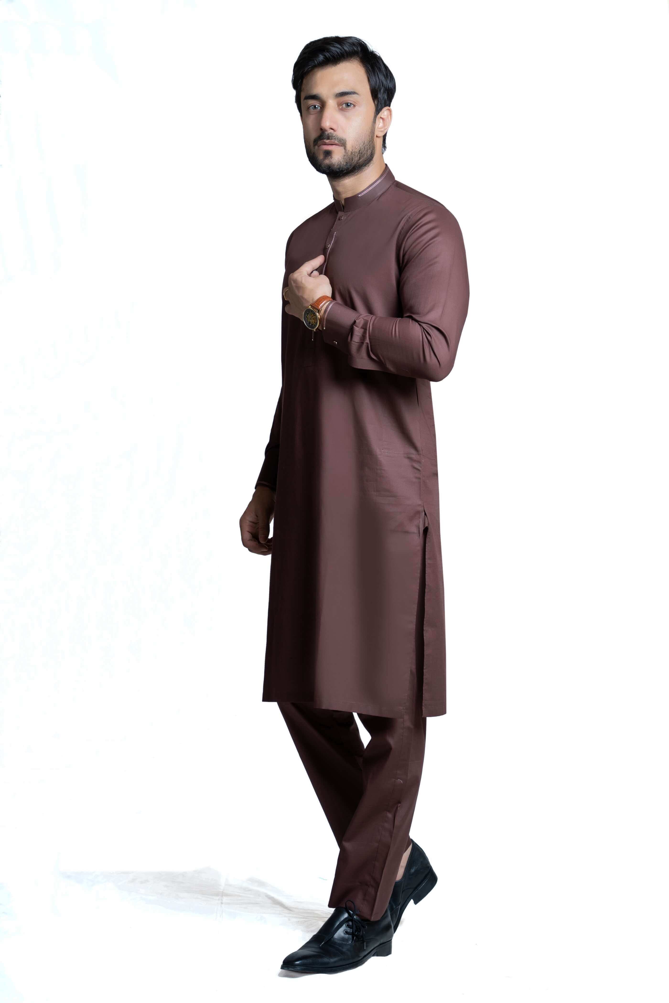 Brown Chambray Cotton Viscose Blend Kurta Pant Set for Men - Comfortable Ethnic Wear for Festivals, Weddings & Casual Outings