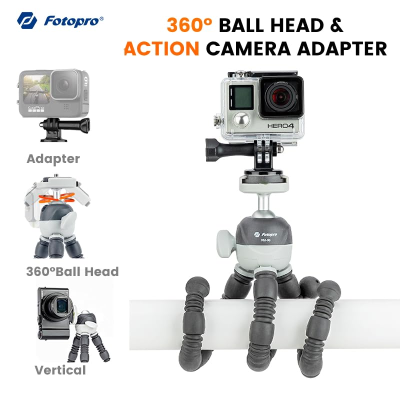 Fotopro Flexible Tripod Stand with 360° Ball Head - Portable Mini Tripod for Phone, Camera & Action Cam - Includes Cold Shoe Mount & Phone Holder - Perfect for Vlogging, Live Streaming, YouTube Videos & Travel Photography (Grey)