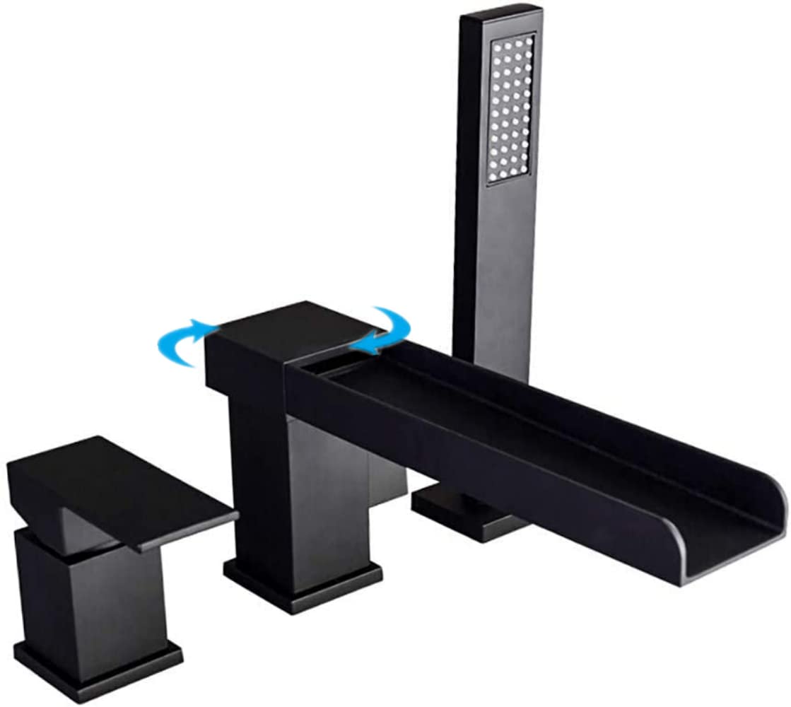 Black Roman Tub Faucet with Hand Shower - Deck Mount Bathtub Faucet Set with Waterfall Sprayer | Luxury Bathroom Upgrade for Spa-Like Experience
