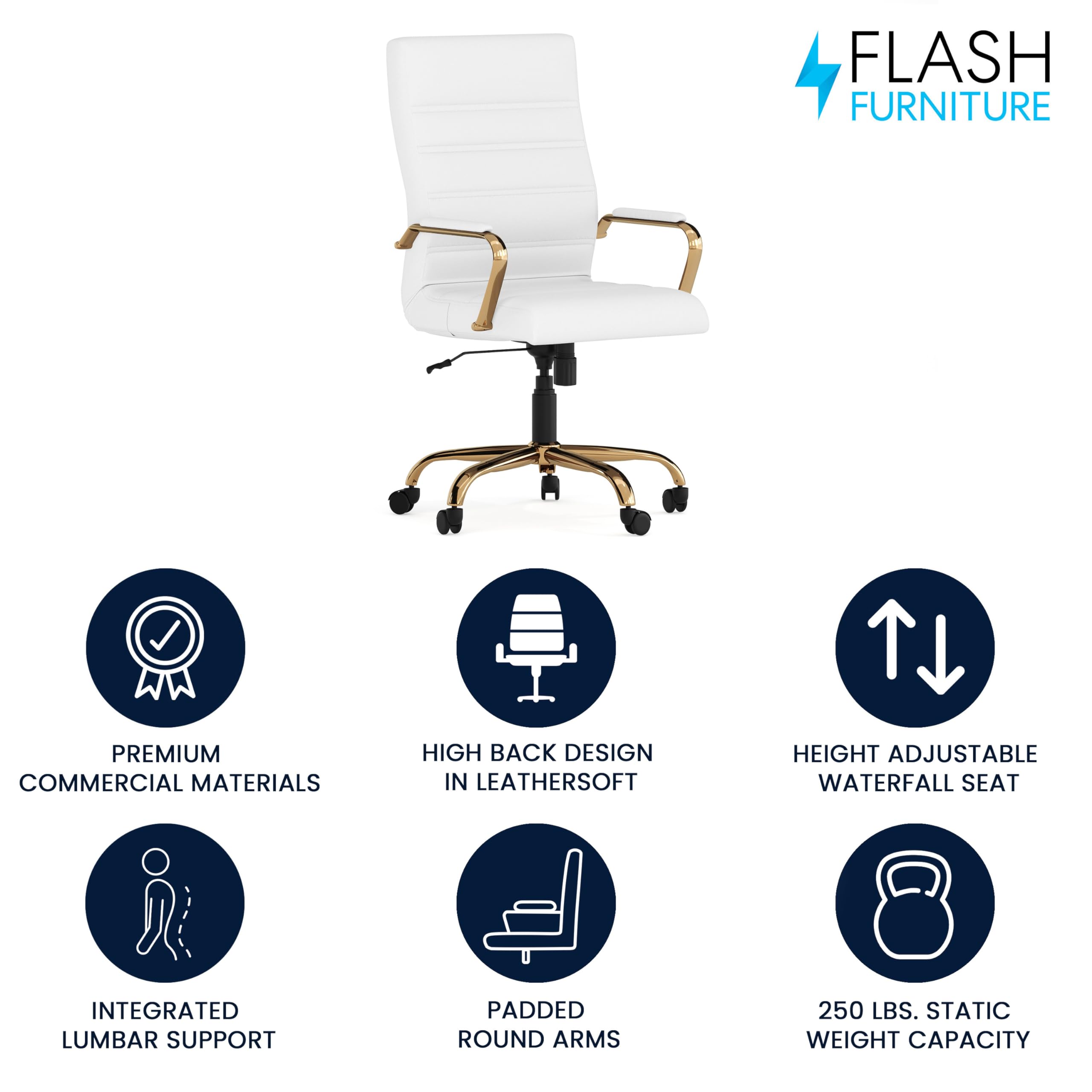 Flash Furniture Whitney Mid-Back Swivel LeatherSoft Office Chair - Adjustable Height Ergonomic Desk Chair with Padded Seat & Armrests, 27
