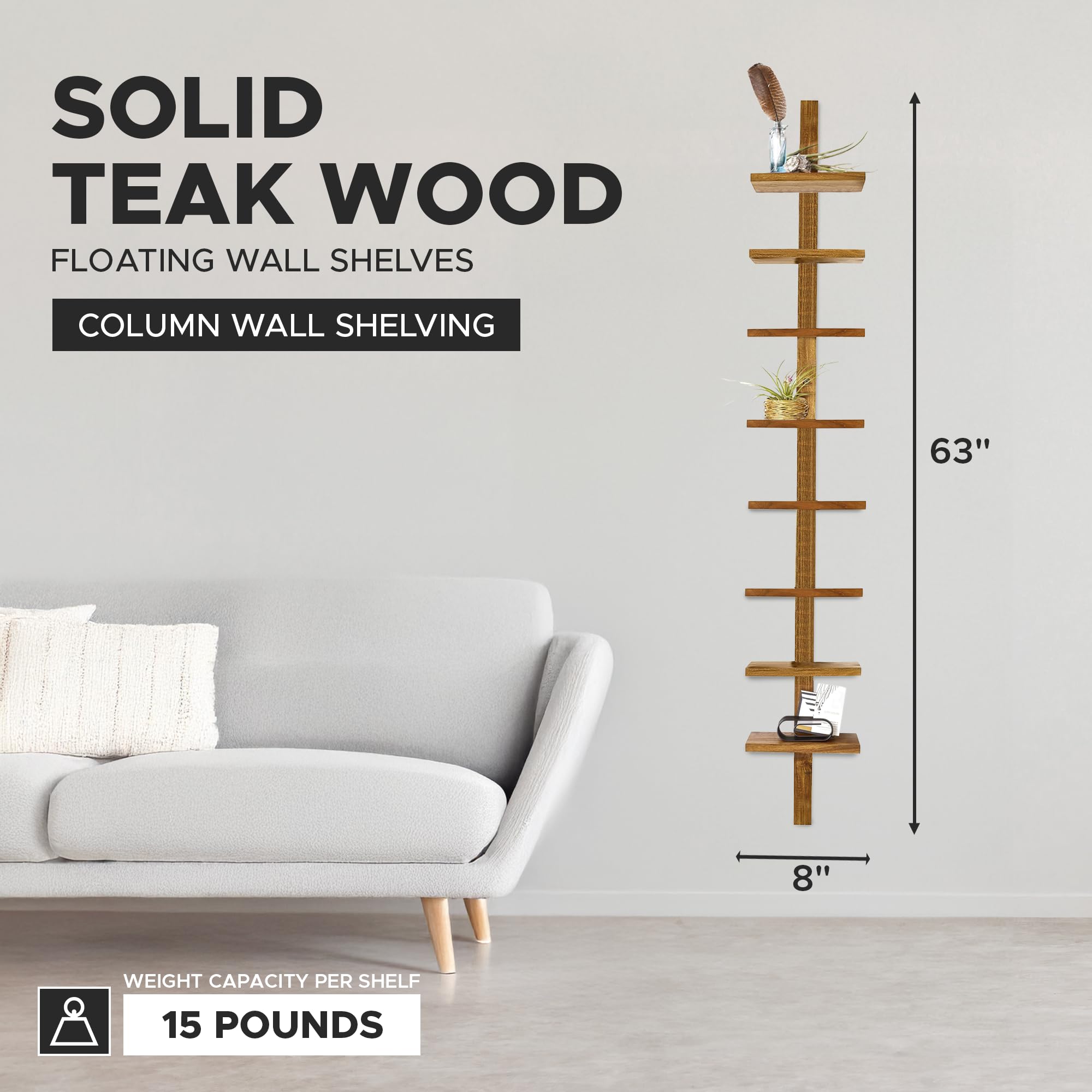8-Shelf Floating Wall Shelves - Solid Teak Wood Column Shelving Unit for Living Room, Bedroom & Office Storage | Takara Large Wooden Wall Mount Shelves for Books, Plants & Decor