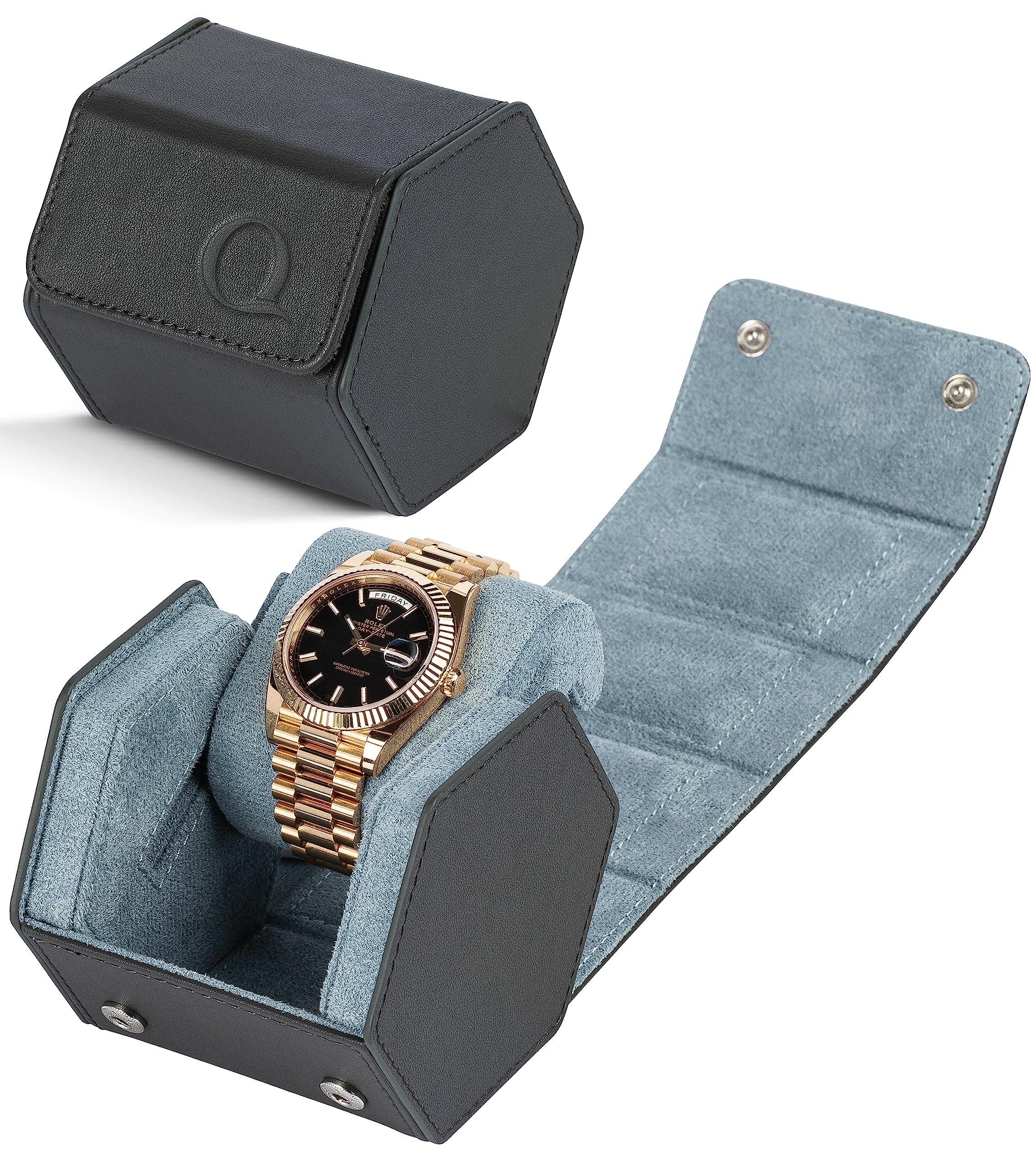 Premium Genuine Napa Leather Watch Case for Men - Hexagon Single & Double Watch Roll Travel Organizer with Velvet Interior - Luxury Storage & Display Holder for 1-2 Watches - Perfect for Travel, Business Trips & Watch Collection Display