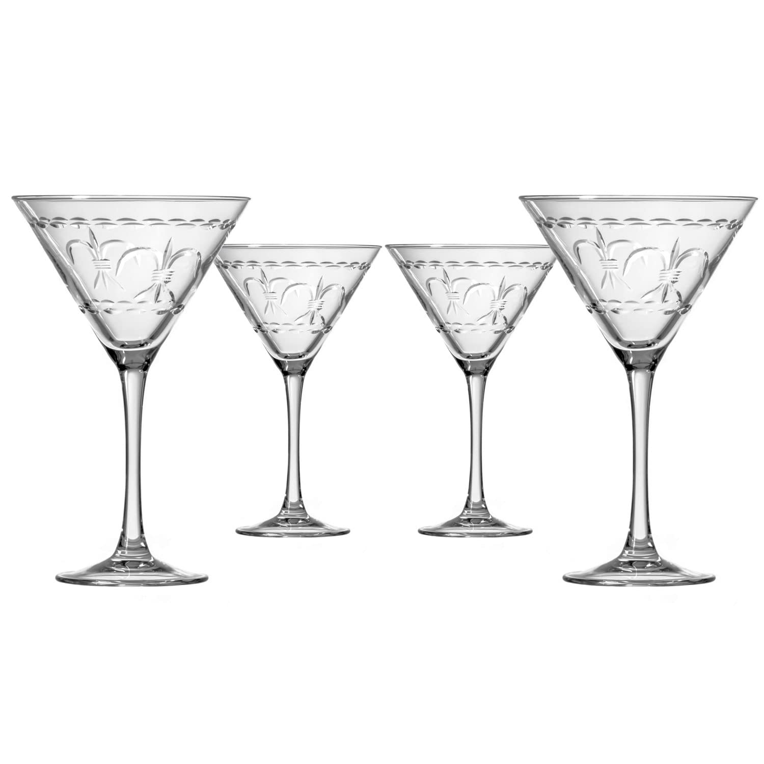 Premium Rolf Glass Fleur De Lis Martini Glasses - Set of 4 (10 oz) - Lead-Free Crystal Clear Cocktail Glasses with Diamond Wheel Engraving - Handcrafted in USA - Perfect for Home Bars, Dinner Parties & Wedding Gifts