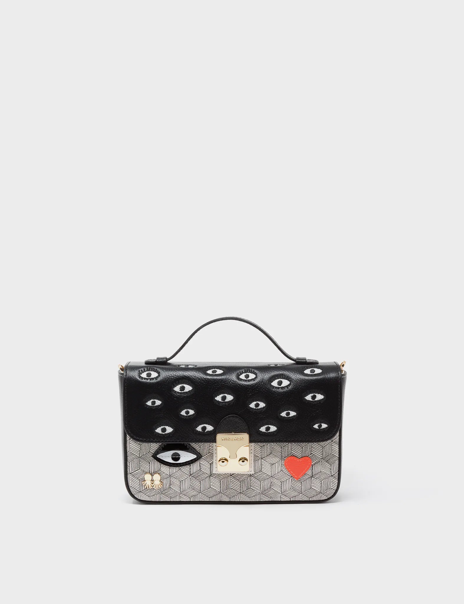 Amantis Black and Cream Leather Crossbody Mini Handbag with All Over Eyes Embroidery - Stylish Small Purse for Women, Perfect for Date Night, Parties, and Everyday Use