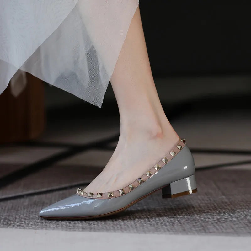 Luxury Leather Rivet High Heels for Women - Designer Pointed Toe Square Heel Pumps | Perfect for Evening Parties, Weddings & Office Wear