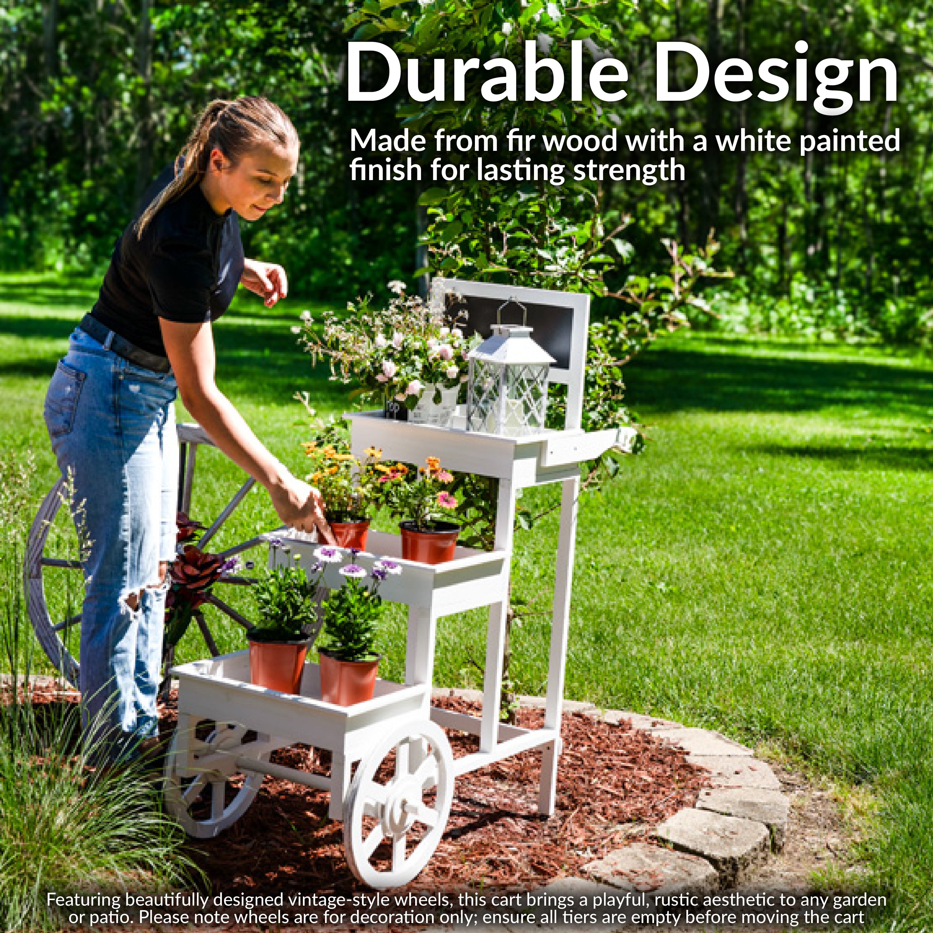 3-Tier Rolling Flower Cart Stand with Wheels - White Metal Garden Plant Display Rack for Indoor & Outdoor Decor, Patio, Balcony, and Backyard