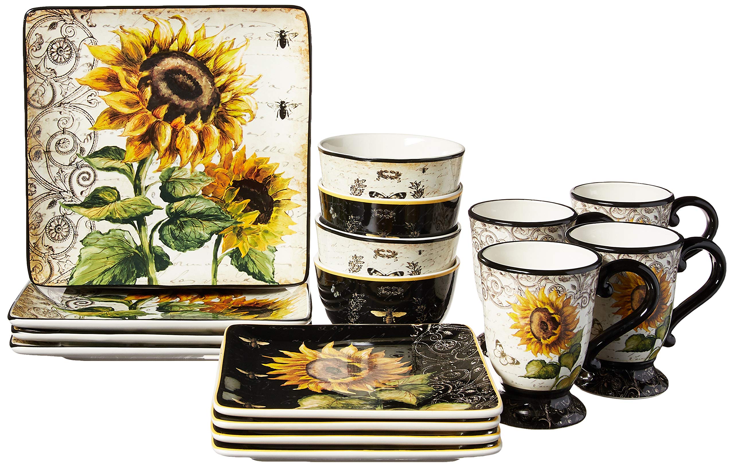 Certified International 89093 French Sunflower 16-Piece Dinnerware Set, Service for 4, Multicolor Floral Design - Perfect for Family Dinners, Outdoor Picnics & Elegant Table Settings