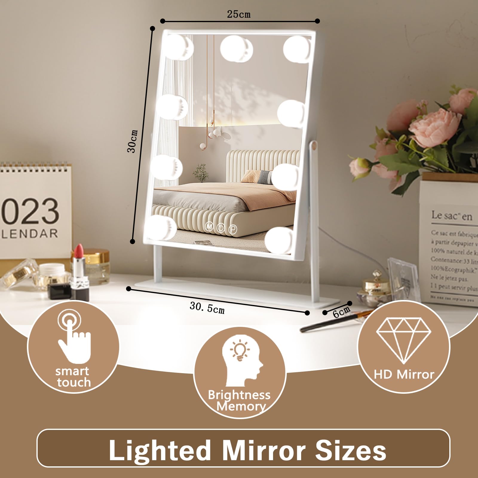 Hansong 9 LED Lighted Vanity Mirror with 360° Rotation & 10x Magnifying Mirror - Plug-in Makeup Mirror for Professional Makeup Application, Skincare Routine, and Precise Grooming - Perfect for Bedroom, Bathroom, and Dressing Table