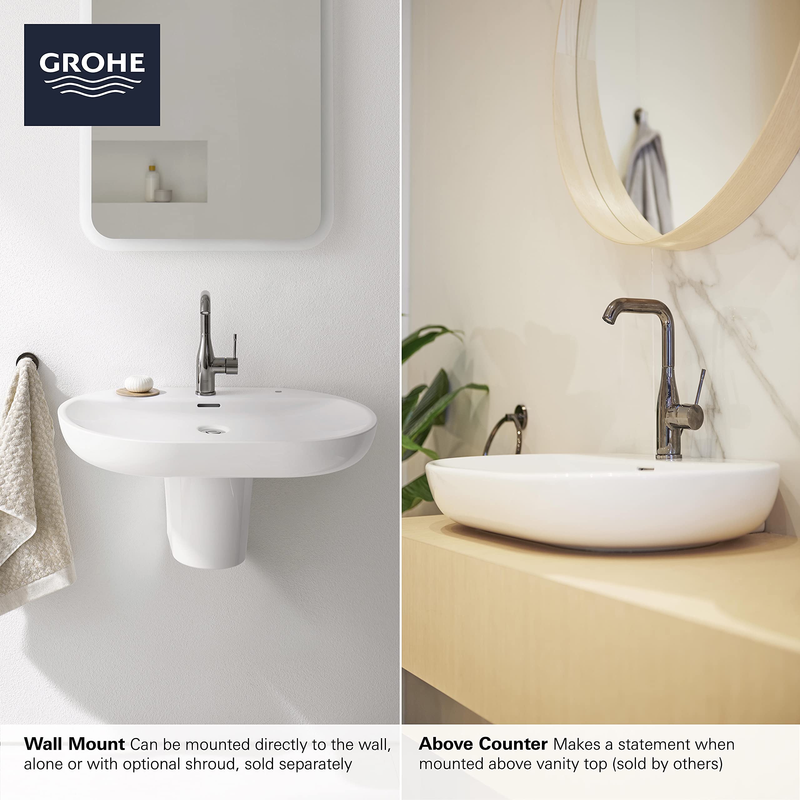 GROHE 39669000 Essence Bathroom Sink Faucet - Alpine White Finish - Single Handle Waterfall Spout for Modern Bathroom & Powder Room Renovation