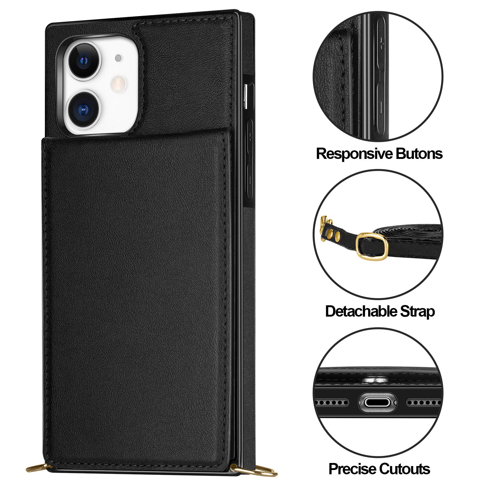 Vofolen Premium Leather PU Flip Wallet Case for iPhone 11 - Magnetic Clasp, Kickstand & Lanyard Strap | Heavy Duty Protective Cover with Card Holder | Perfect for Women & Girls (Black) | Ideal for Work, Travel & Everyday Protection