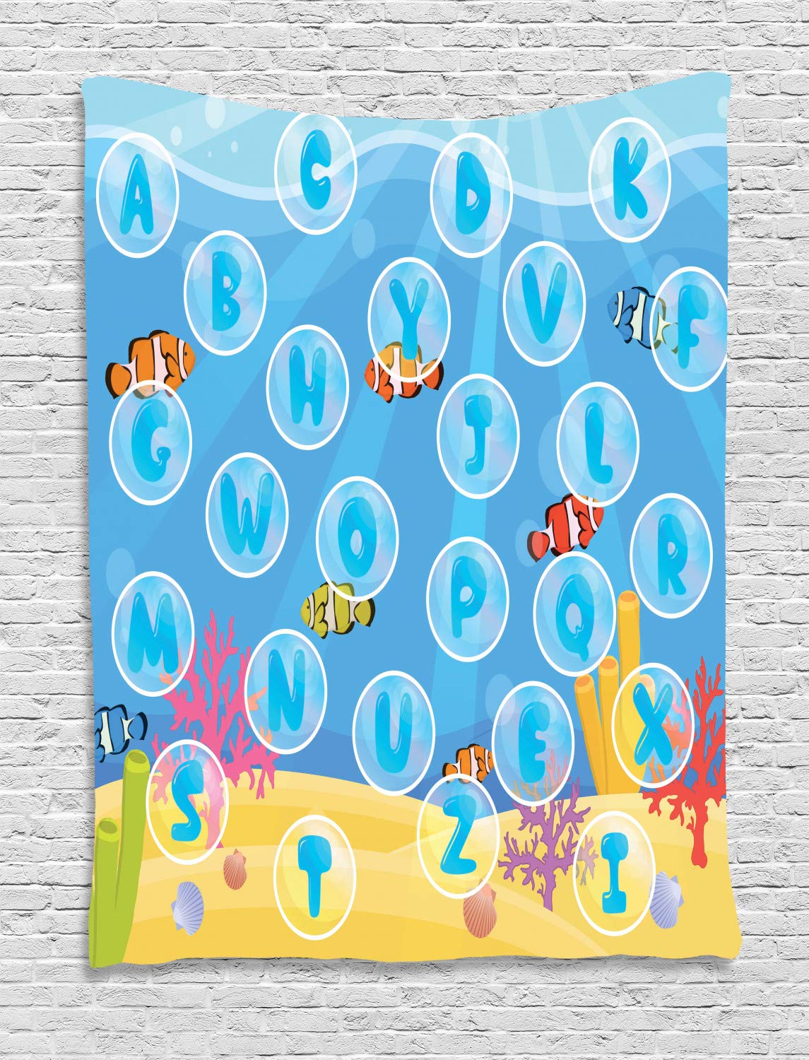 Ambesonne Alphabet Bubble Underwater Tapestry - Colorful Cartoon ABC Letters Sea Theme Wall Hanging Decor for Kids Bedroom, Nursery, Living Room & Dorm - 40x60 Inch Multicolor - Perfect for Educational Playrooms & Ocean-Themed Parties