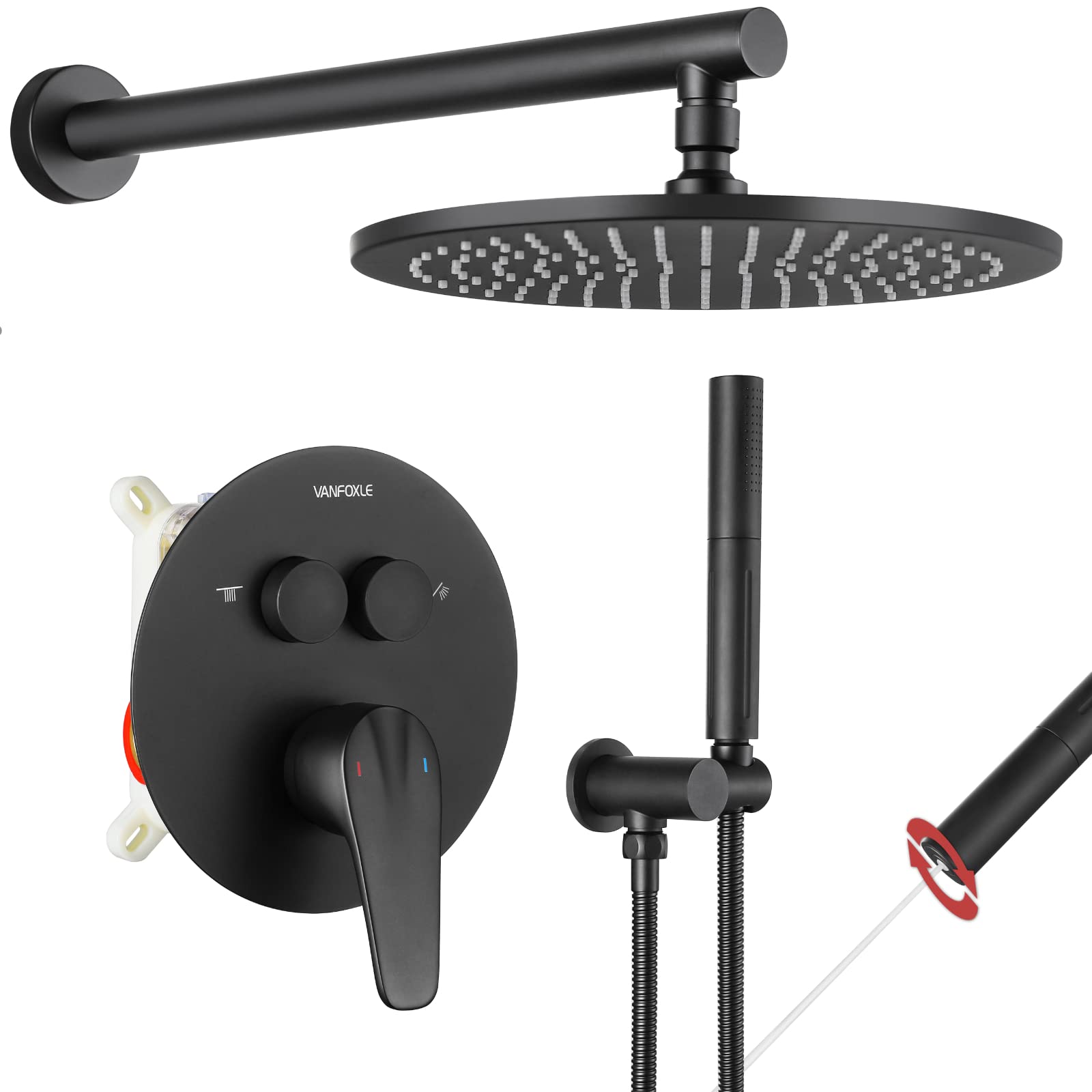 VANFOXLE Matte Black Shower Faucet Set with Push Button Diverter & 2-in-1 Handheld Shower Head - 10 Inch Wall Mounted Complete Shower System (Includes Rough-in Valve Body and Trim) for Bathroom Remodel & Modern Home Upgrade