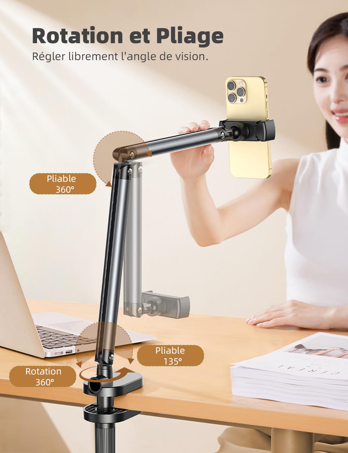 360° Swivel Adjustable Phone Stand Holder for iPhone 15/14/13/12/11/X, Samsung Galaxy - Flexible Long Arm Articulated Desk Mount with Clamp - Perfect for Office, Home, Bed, Car & Video Calls