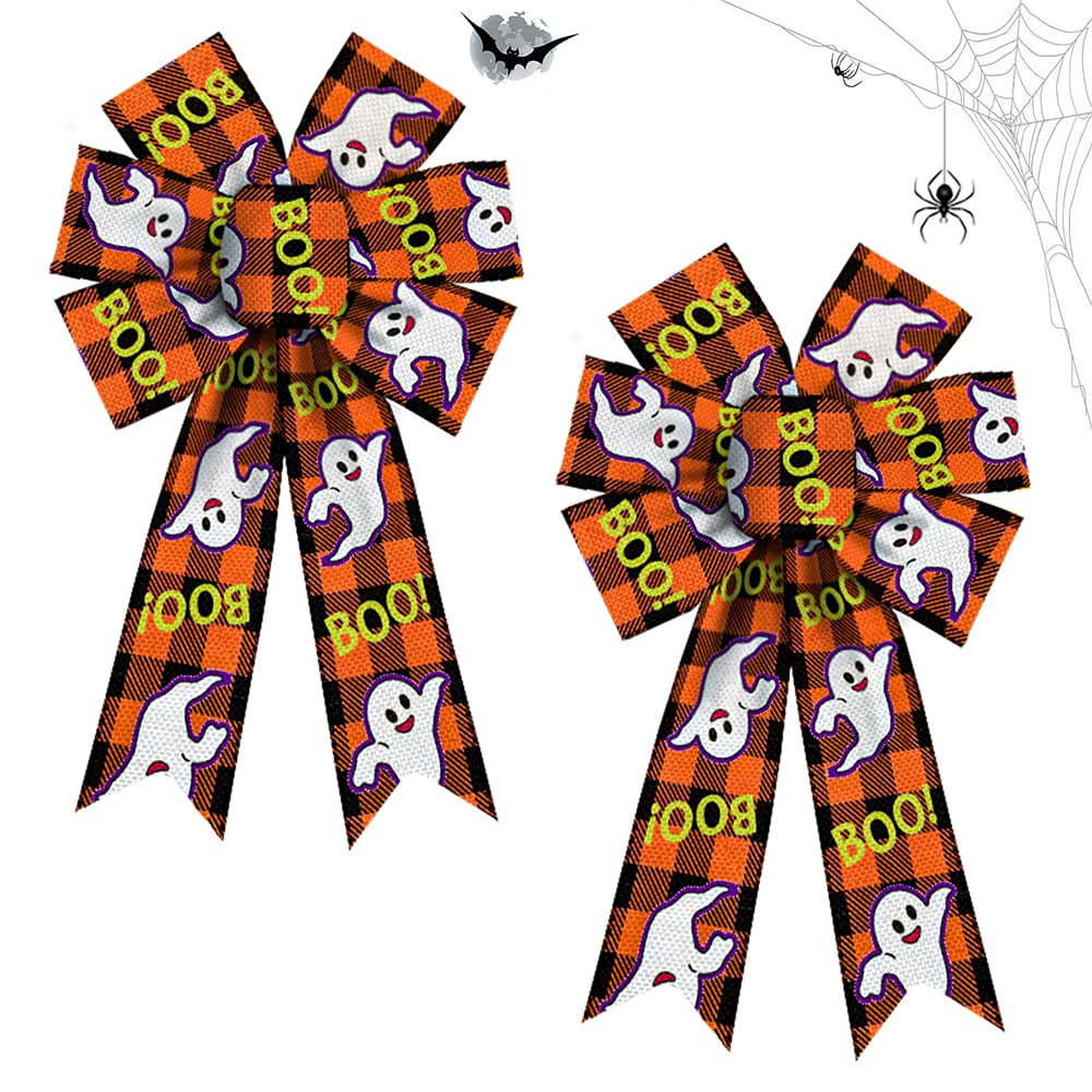 Halloween Ghost Wreath Bows - Orange Black Plaid Burlap Bows for Door Decor