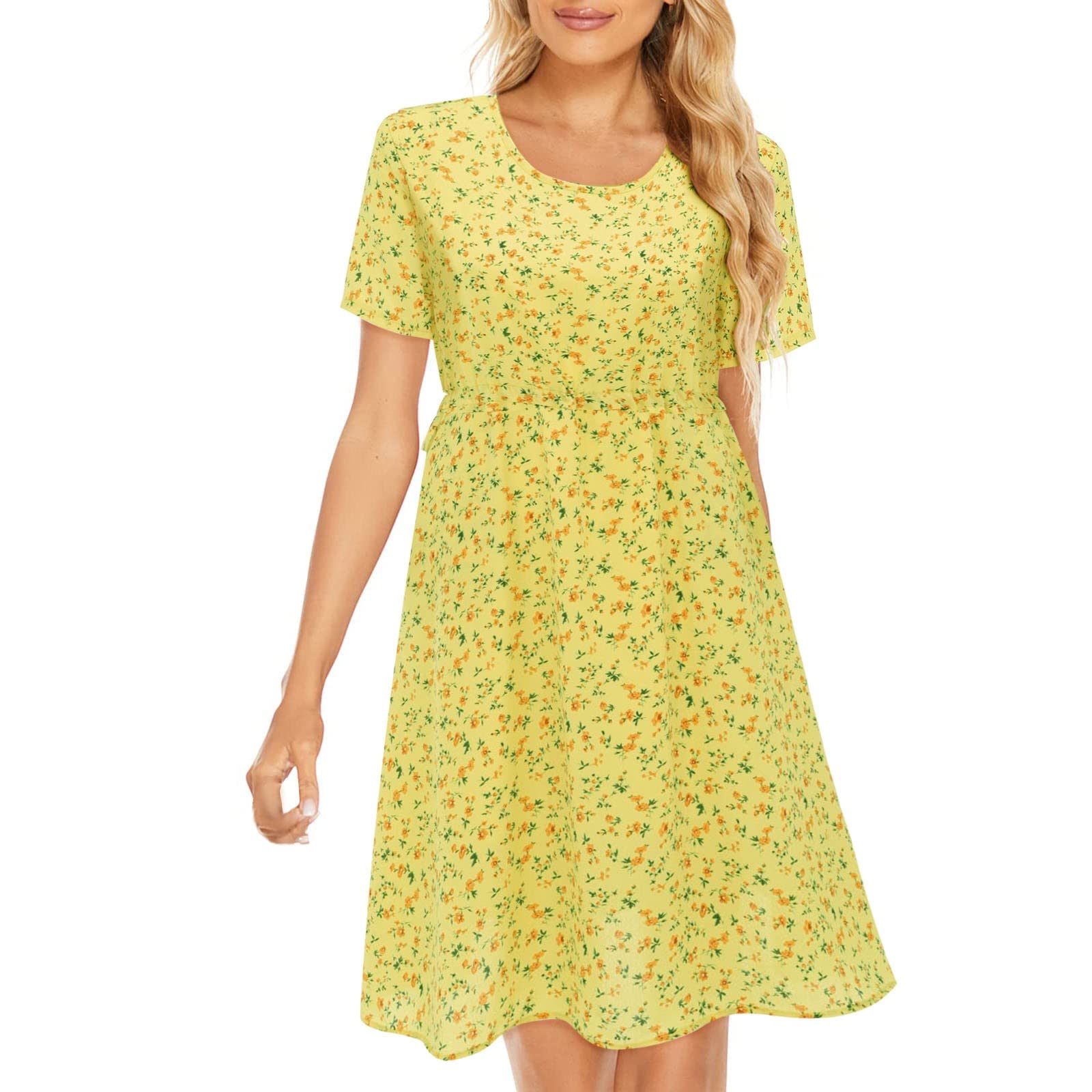 Women's Floral Short Sleeve Tie Waist A-Line Mini Dress - Casual Summer T-Shirt Dress for Women | Perfect for Beach Outings, Picnics & Weekend Wear