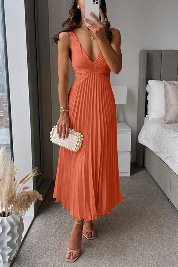 Elegant Summer Floral Print Pleated Cutout Waist Loose Midi Dress for Women - Perfect for Beach Vacations, Garden Parties & Casual Outings