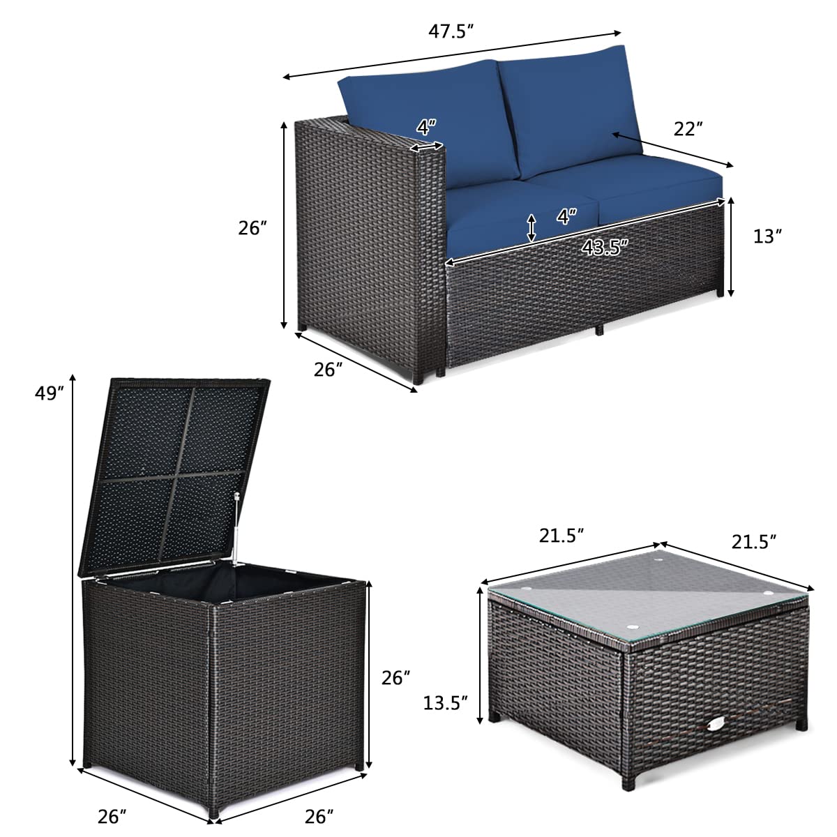 HappyGrill 4-Piece Patio Furniture Set - Outdoor Rattan Wicker Conversation Sofa with Storage Box & Tempered Glass Coffee Table - Perfect for Backyard, Garden, Porch, Poolside & Outdoor Entertaining