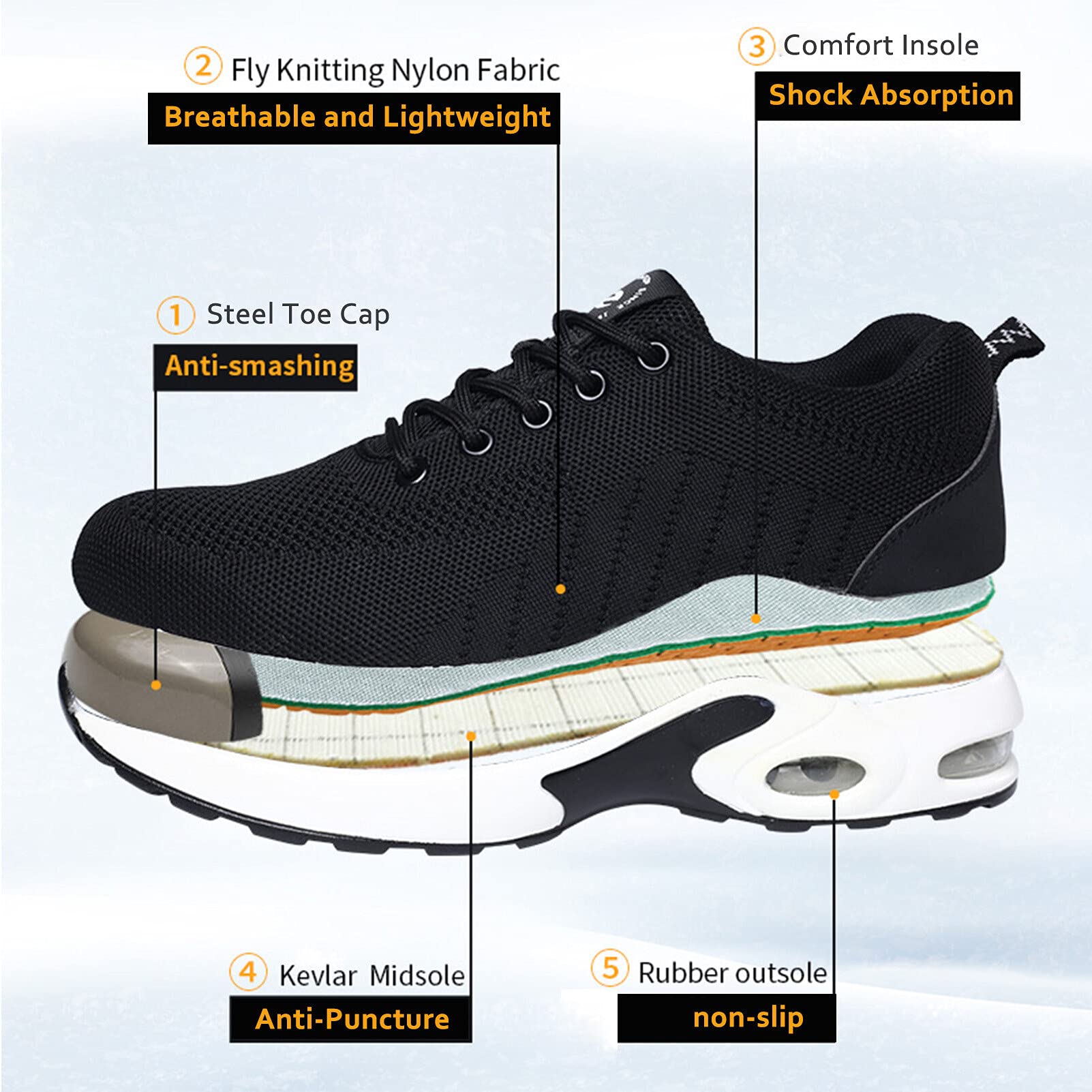 **Men's & Women's Steel Toe Safety Shoes - Lightweight Air Cushion Work Sneakers with Anti-Smash, Anti-Puncture & Slip-Resistant Design - Breathable Construction Shoes for Shock Absorption & Durability - Ideal for Construction, Warehouse & Industrial Work**