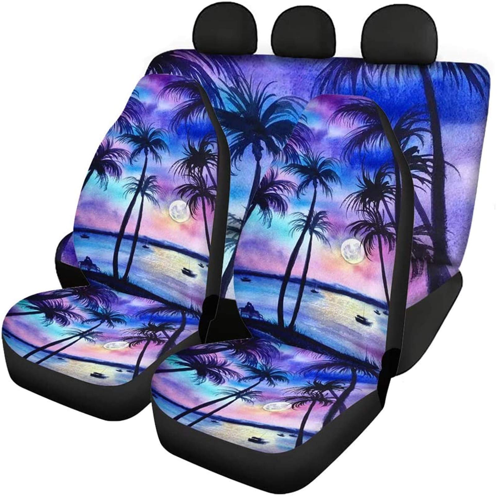 KEIAHUAN Universal 4-Piece Car Seat Cover Set - Front & Rear Bench Backrest Protector for Sedan, Beach Palm Tree Design | Perfect for Road Trips, Daily Commute & Beach Outings