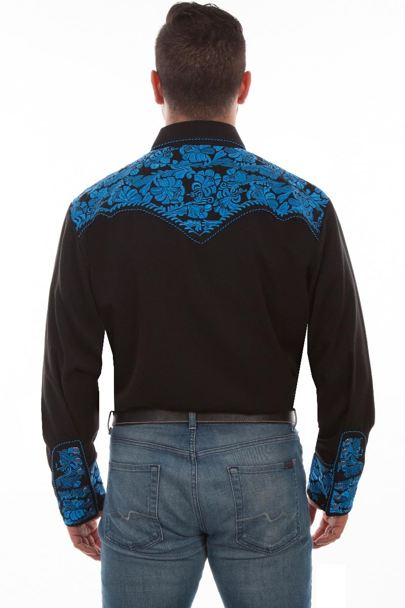 **Scully Black Men's Long Sleeve Snap Front Embroidered Western Shirt – Cowboy Workwear & Casual Style for Rodeo, Ranch, and Everyday Wear**