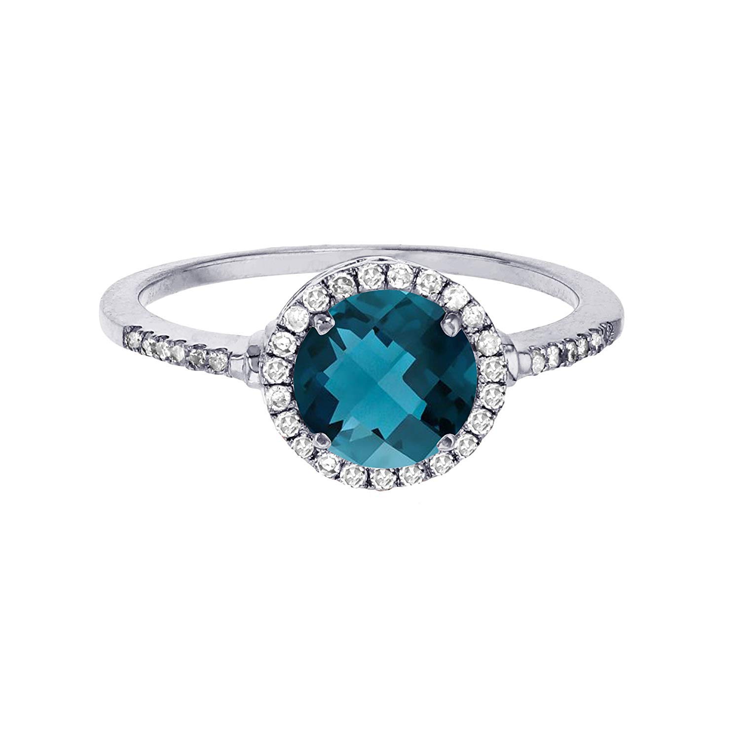 10K White Gold 7mm Round London Blue Topaz & 0.18 CTTW Diamond Halo Engagement Ring for Women - Perfect for Weddings, Anniversaries & Special Occasions