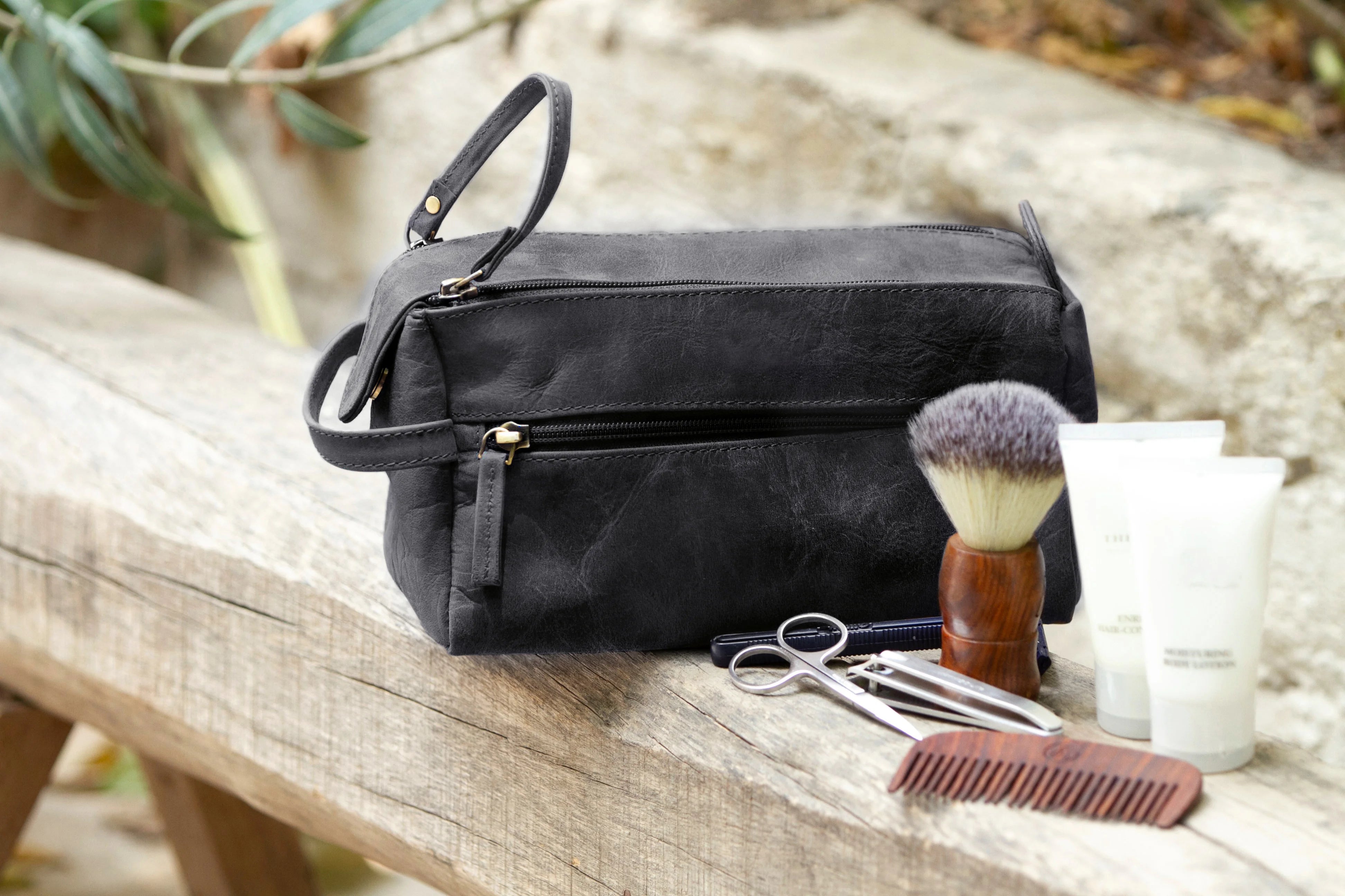 Premium Leather Travel Toiletry Bag for Men & Women - Waterproof Grey Cosmetic Organizer - Perfect for Vacation, Business Trips & Gym Essentials Storage