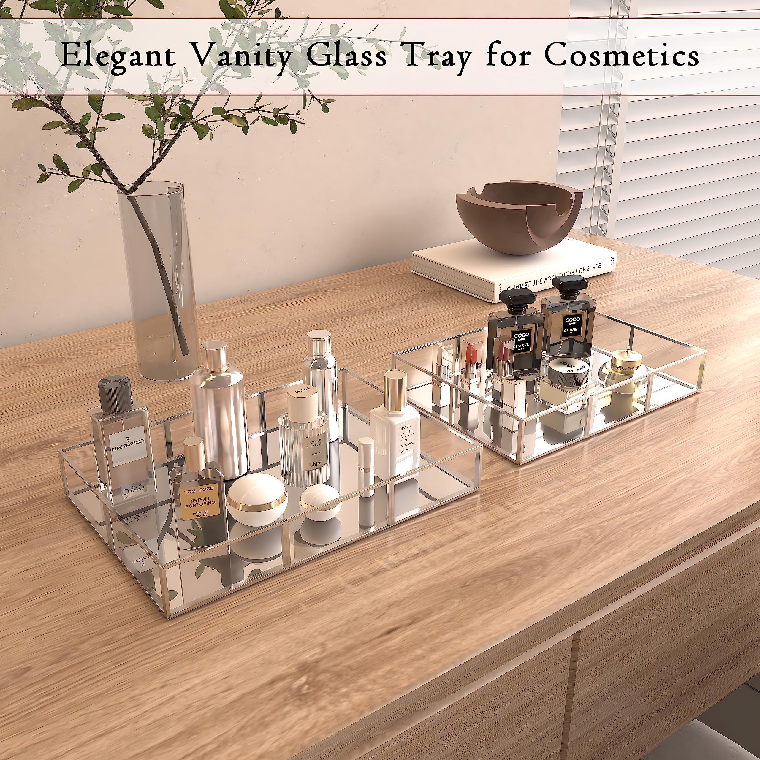 Elegant Gold Vanity Tray Set with Metal Frame - 2 Piece Decorative Perfume & Jewelry Tray for Bathroom, Dresser, or Home Decor - Perfect for Organizing Fragrances, Cosmetics & Accessories