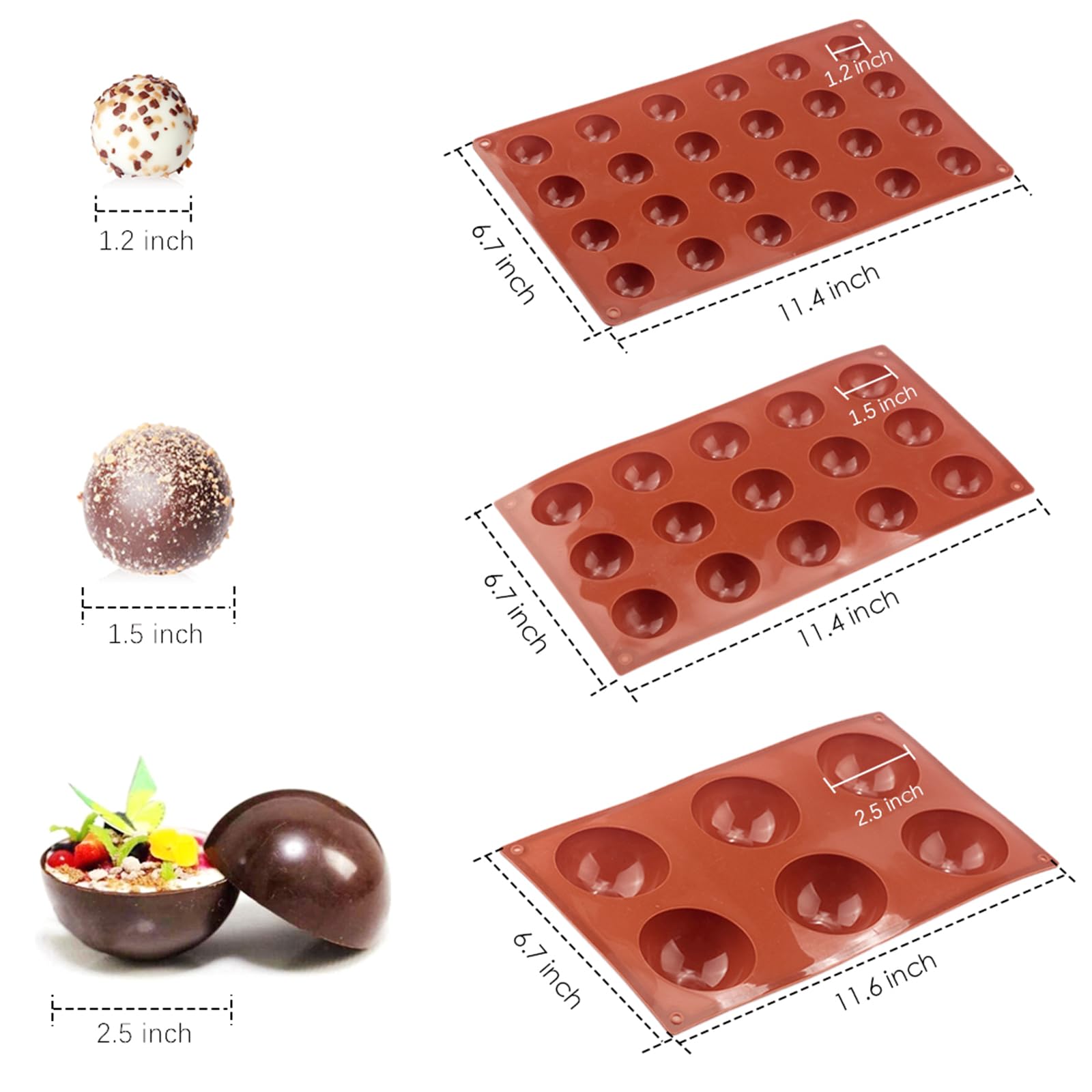 JOERSH 3-Piece Silicone Hot Chocolate Bomb Mold Set - Half Sphere Baking Molds for Cake, Candy, Jelly & Cocoa Bombs (6/15/24 Cups) | Perfect for Holiday Treats, DIY Desserts & Party Favors