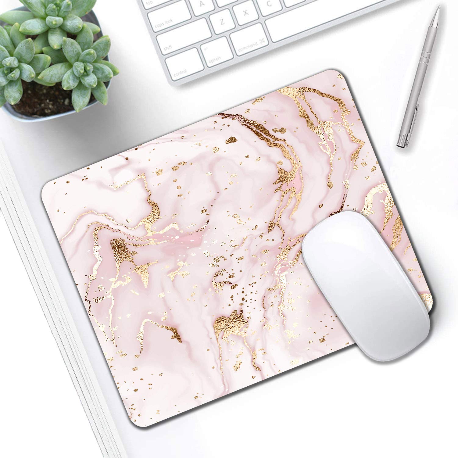 Pink Rose Gold Marble Mouse Pad - Non-Slip Rubber Base Wireless Mouse Mat for Laptop & PC - Portable Office Desk Accessory for Work, Gaming & Home Use