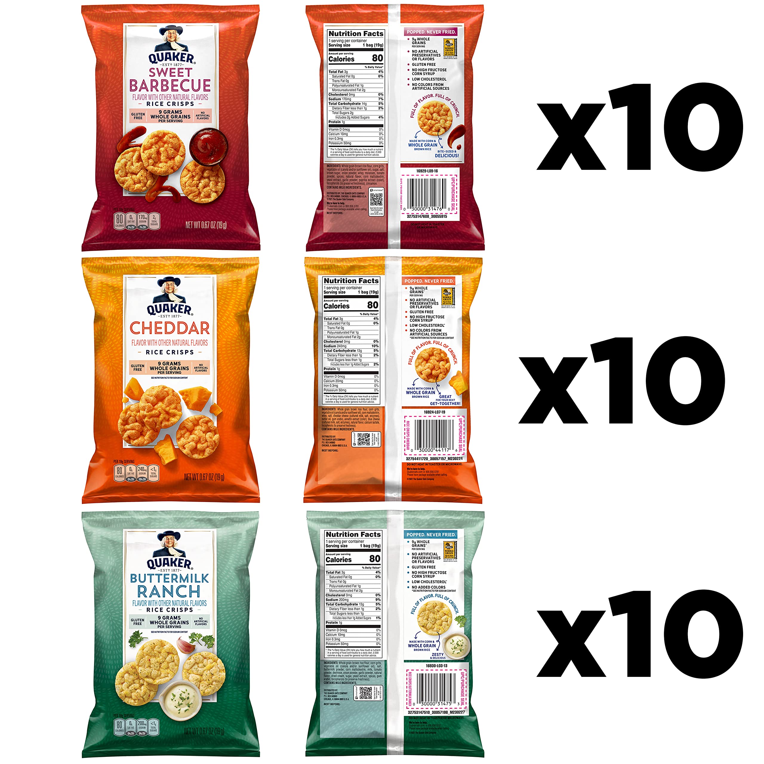 Quaker Gluten Free Rice Crisps - 3 Flavor Savory Variety Pack (Pack of 30, 0.67oz Single Serve Bags, 20.1oz Total) - Perfect for Snacking, Lunch Boxes & On-The-Go