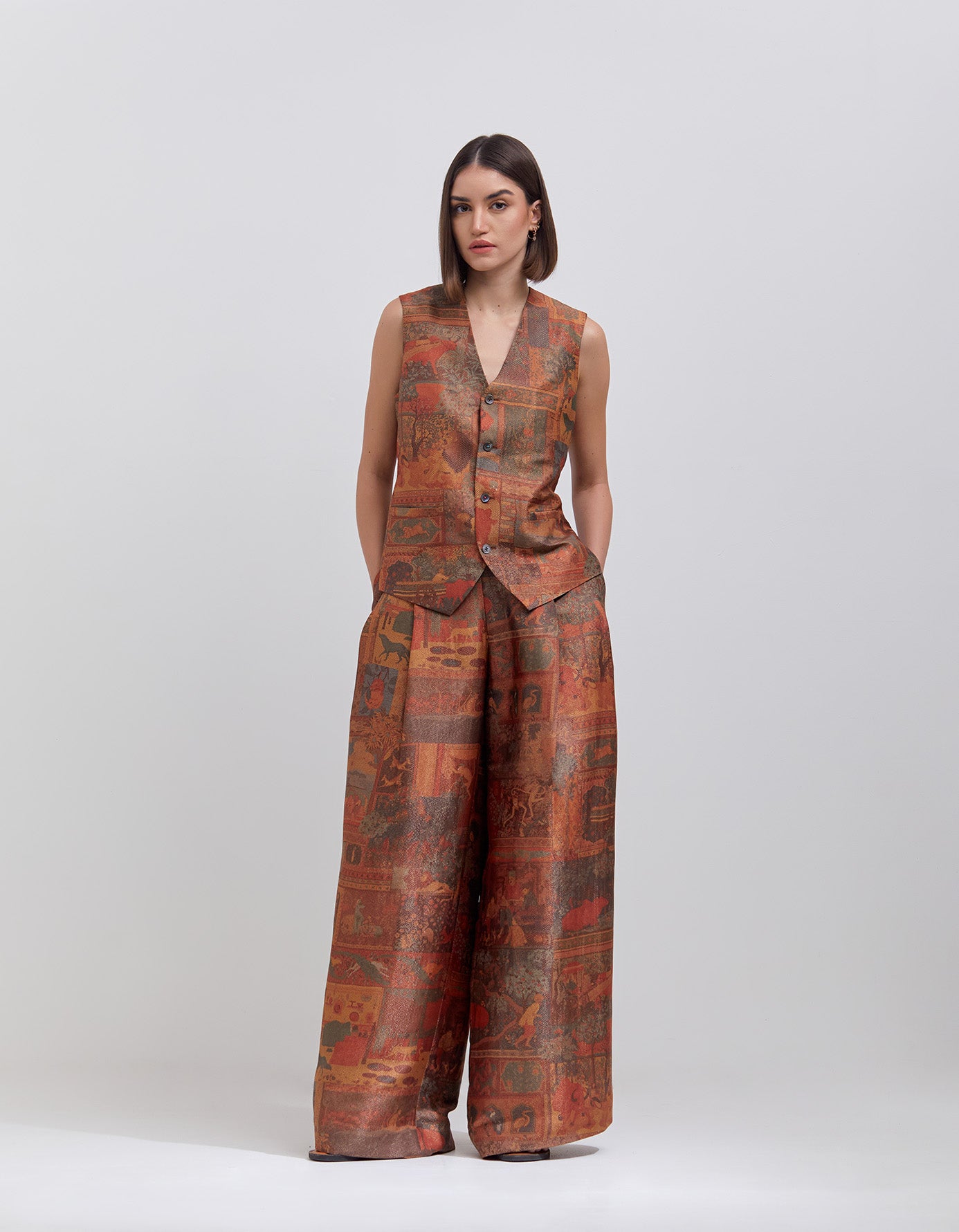 Terracotta Silk Brocade Vest with Zig Zag Pattern - Elegant Women's Fashion Top for Parties, Weddings & Special Occasions