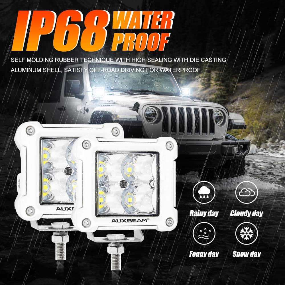 Auxbeam 3 Inch LED Pod Lights - Spot Beam Off-Road Lights with Red Frame & White Body for Trucks, Jeeps, ATVs, and UTVs - Perfect for Night Driving, Camping, and Outdoor Adventures