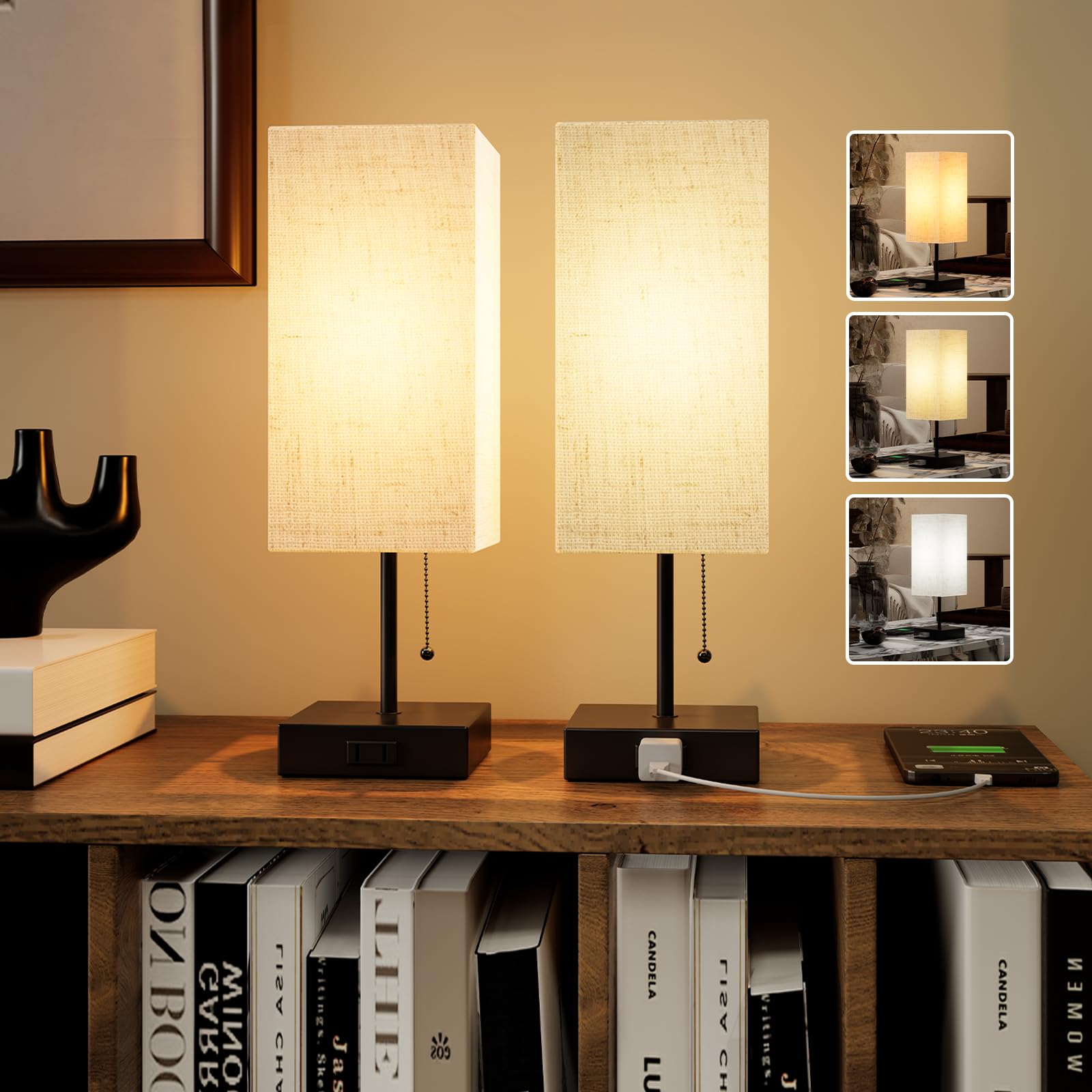 Modern LED Table Lamp for Bedroom - Adjustable 3-Color Nightstand Lamp with USB/AC Outlets & Included Bulb - Linen White Shade for Bedside, Office & Home Decor (2-Pack) - Perfect for Reading, Working & Creating Cozy Atmosphere