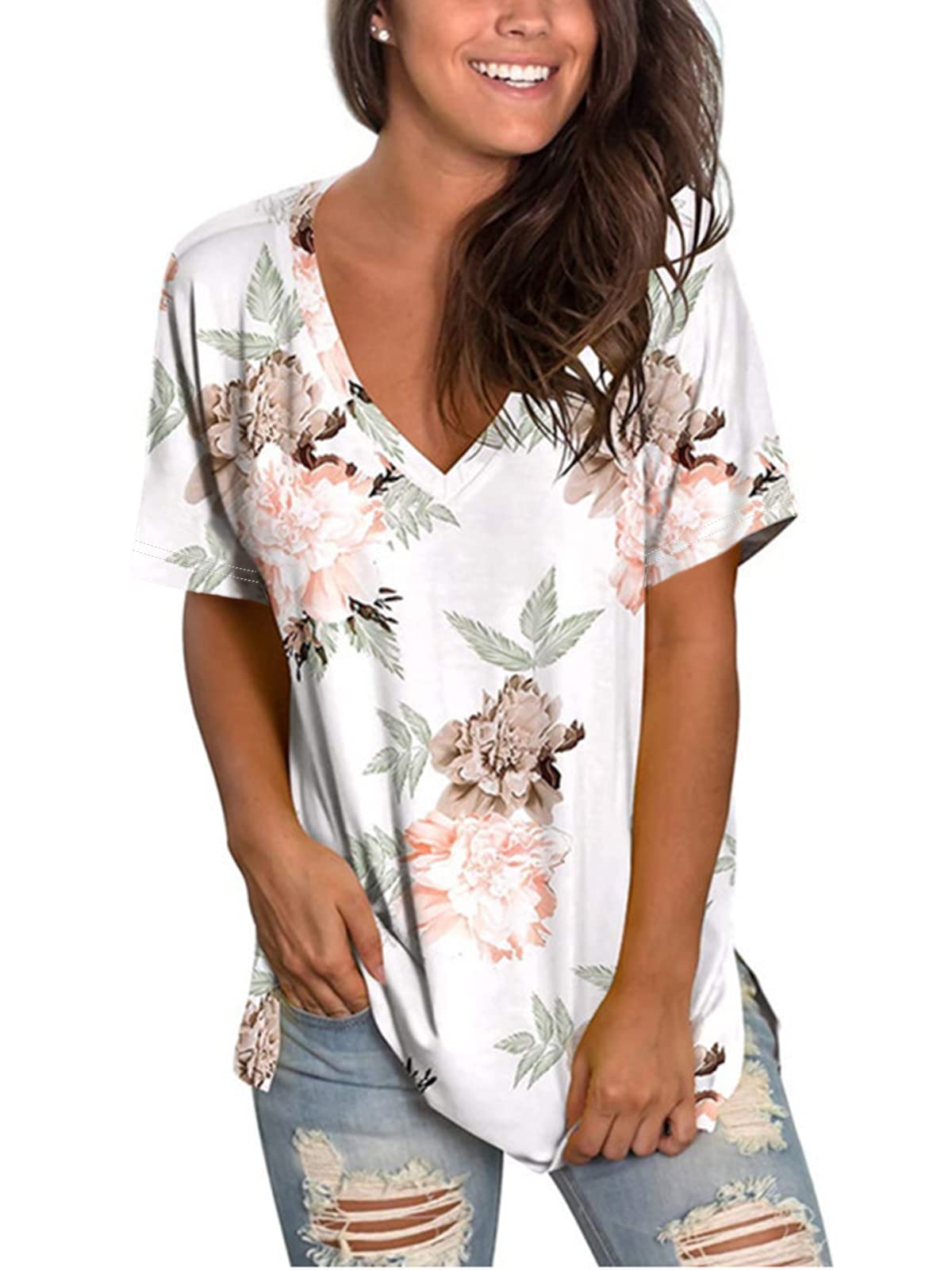 Floral V-Neck T-Shirt for Women - Summer Short Sleeve Blouse | Casual Wear, Beach Outfit & Everyday Fashion