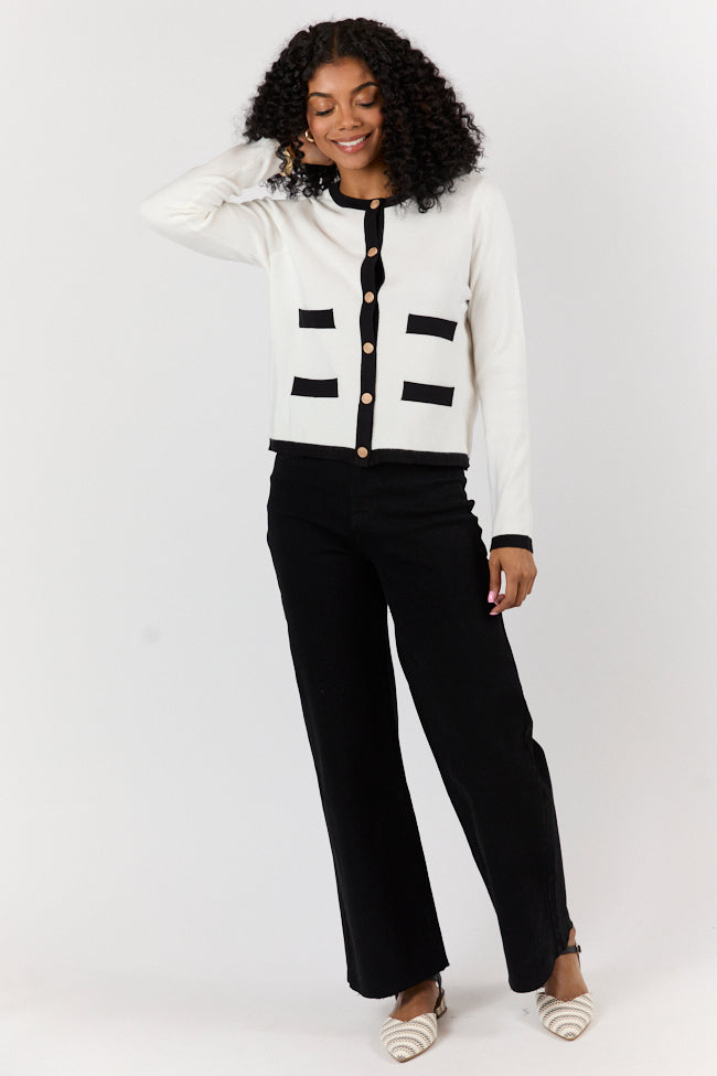 Forever Changing Ivory and Black Contrast Trim Cardigan for Women - Cozy Knit Sweater for Fall & Winter - Perfect for Office, Date Night & Casual Outfits