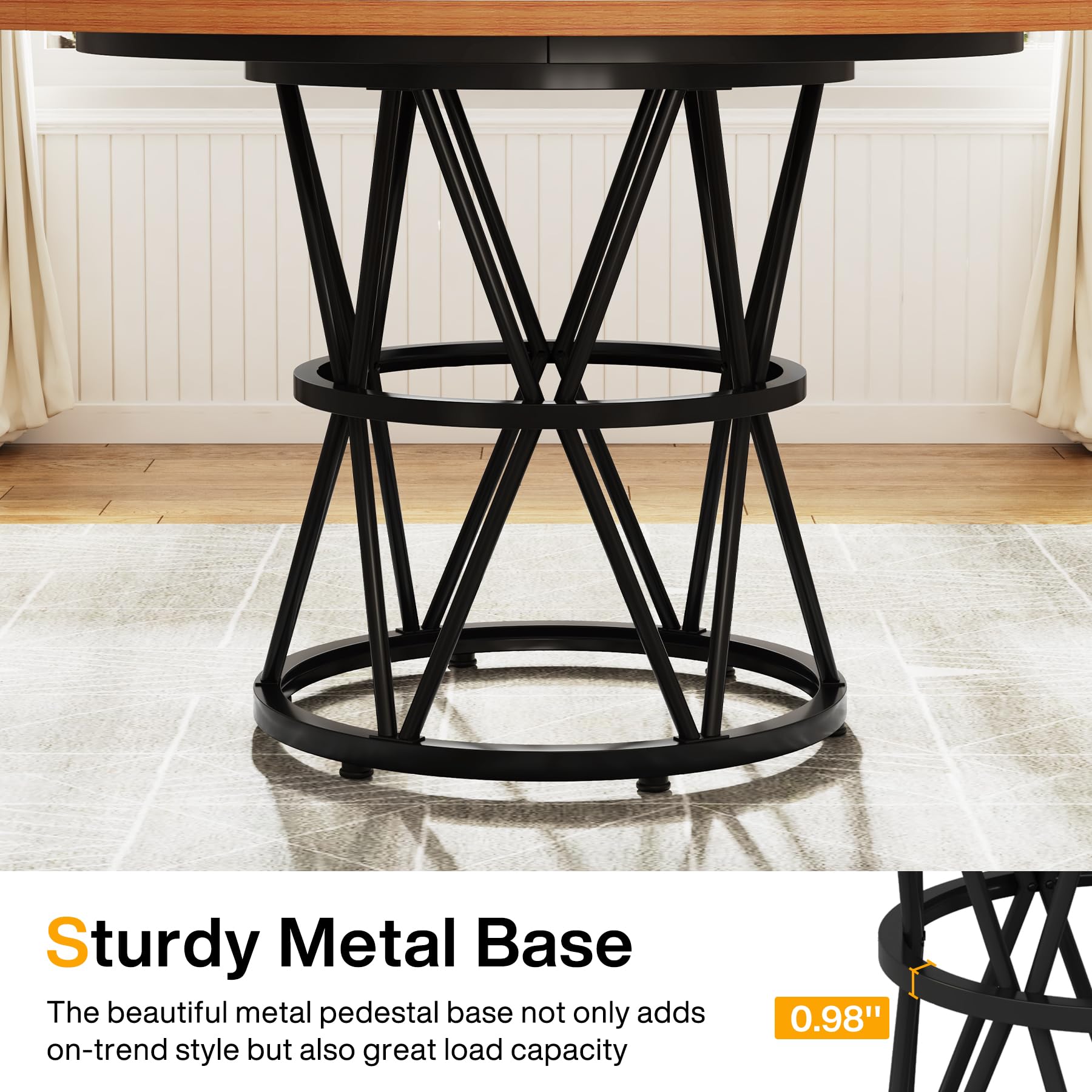 Tribesigns 47-Inch Round Dining Table for 4 - Solid Wood Kitchen Table with Metal Base in Brown & Black - Perfect for Small Spaces, Breakfast Nooks, and Cozy Dining Rooms